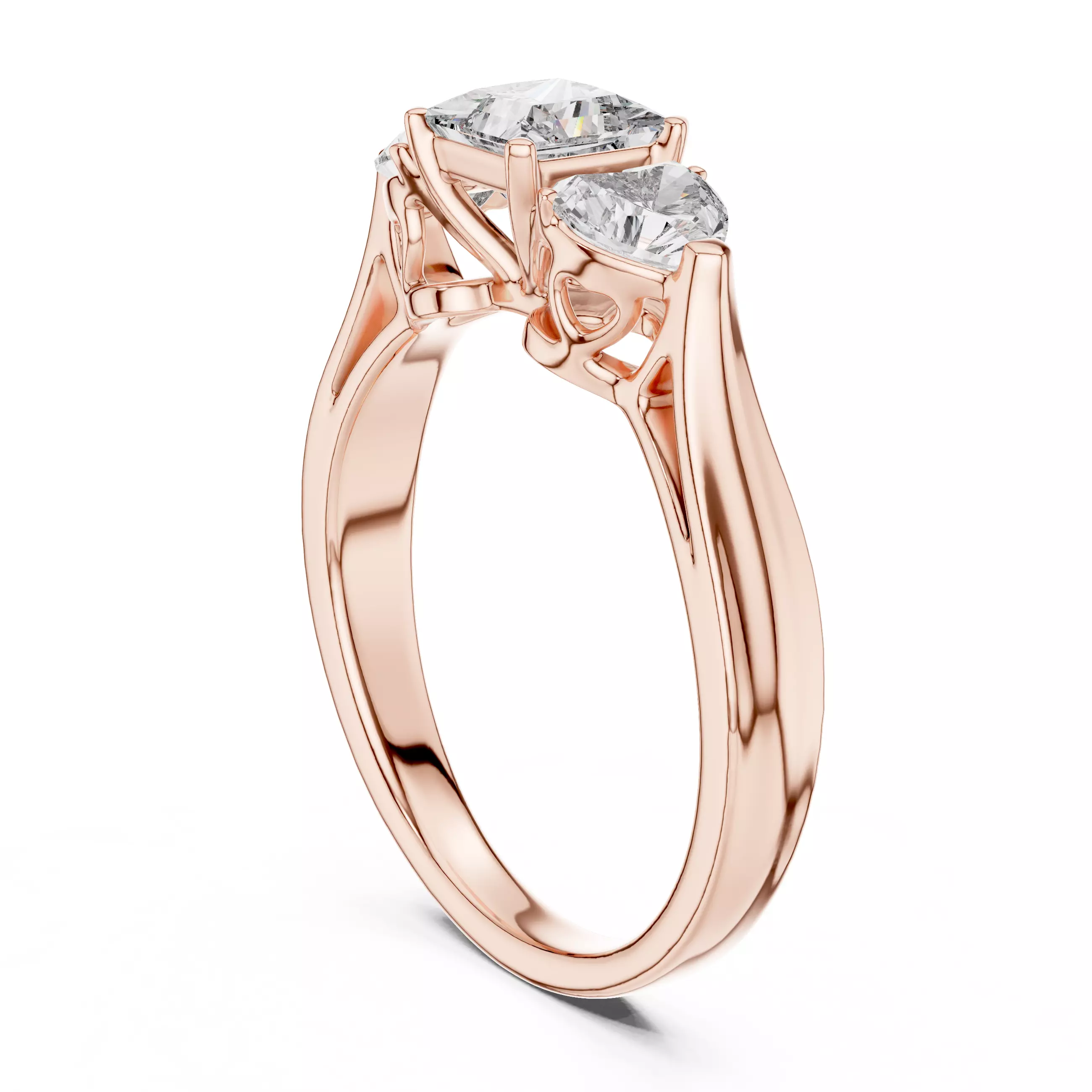 Three Stone Princess and Heart Cut Diamond Ring 3DM STL Video 3D print model_3