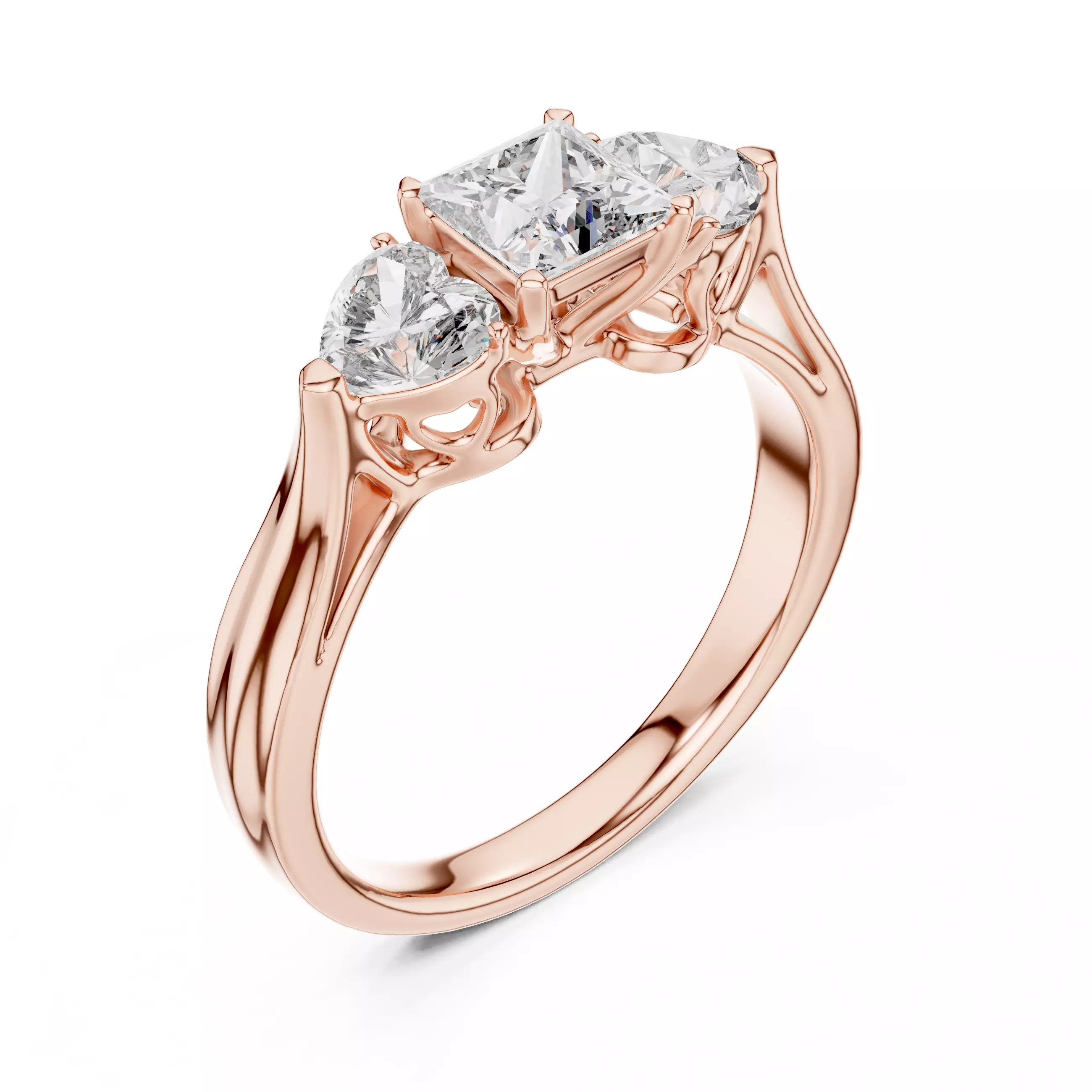 Three Stone Princess and Heart Cut Diamond Ring 3DM STL Video 3D print model_4