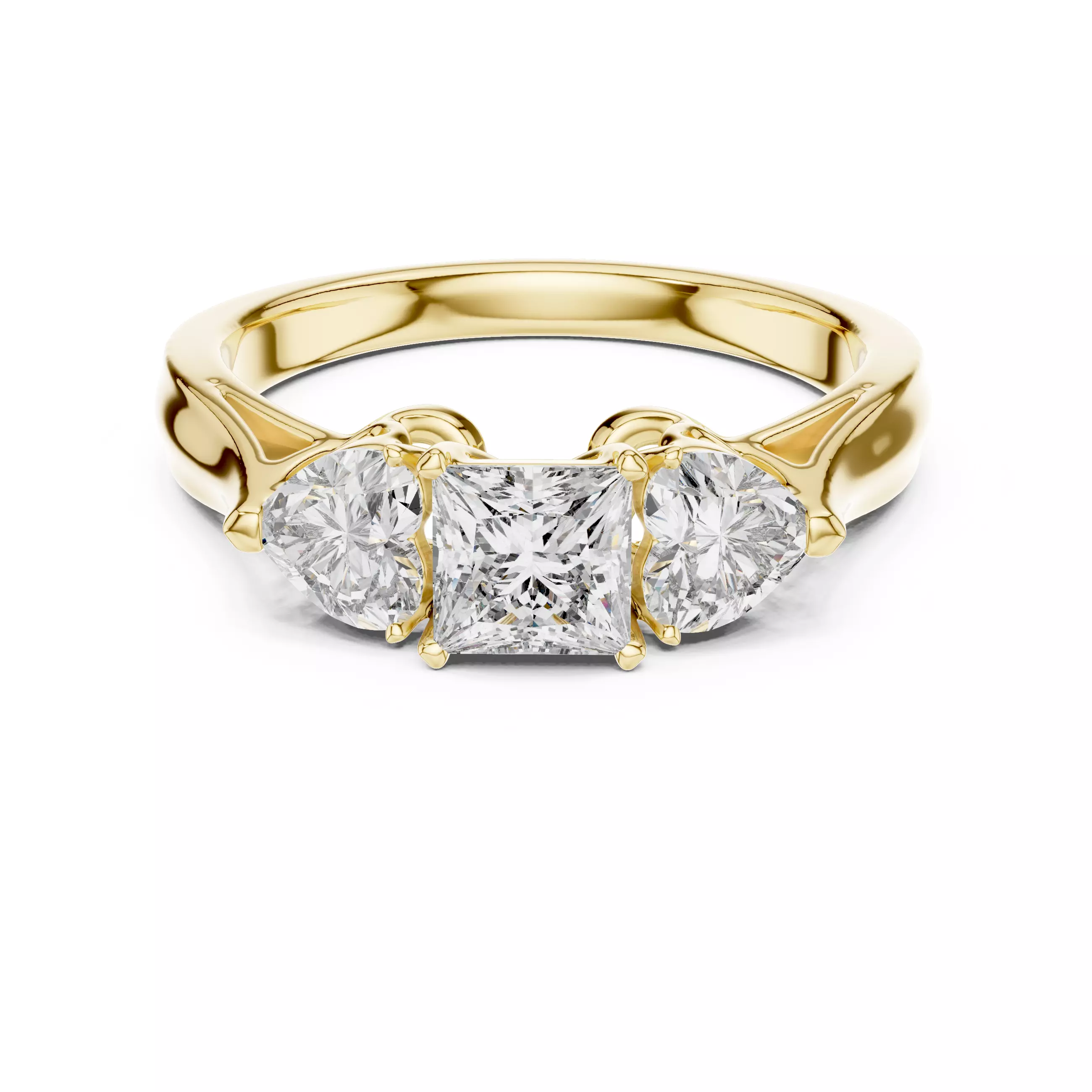 Three Stone Princess and Heart Cut Diamond Ring 3DM STL Video 3D print model_1