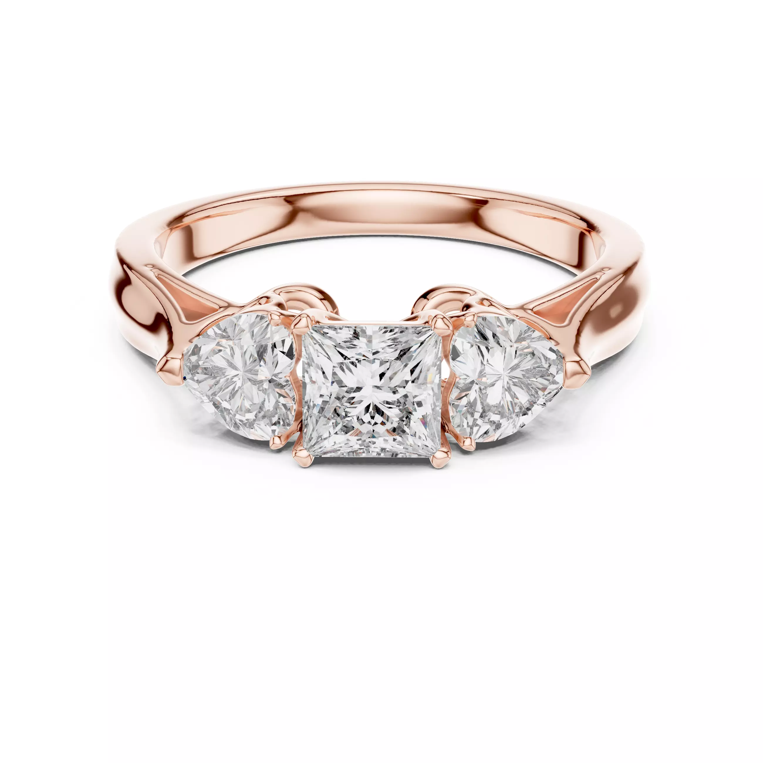 Three Stone Princess and Heart Cut Diamond Ring 3DM STL Video 3D print model_0