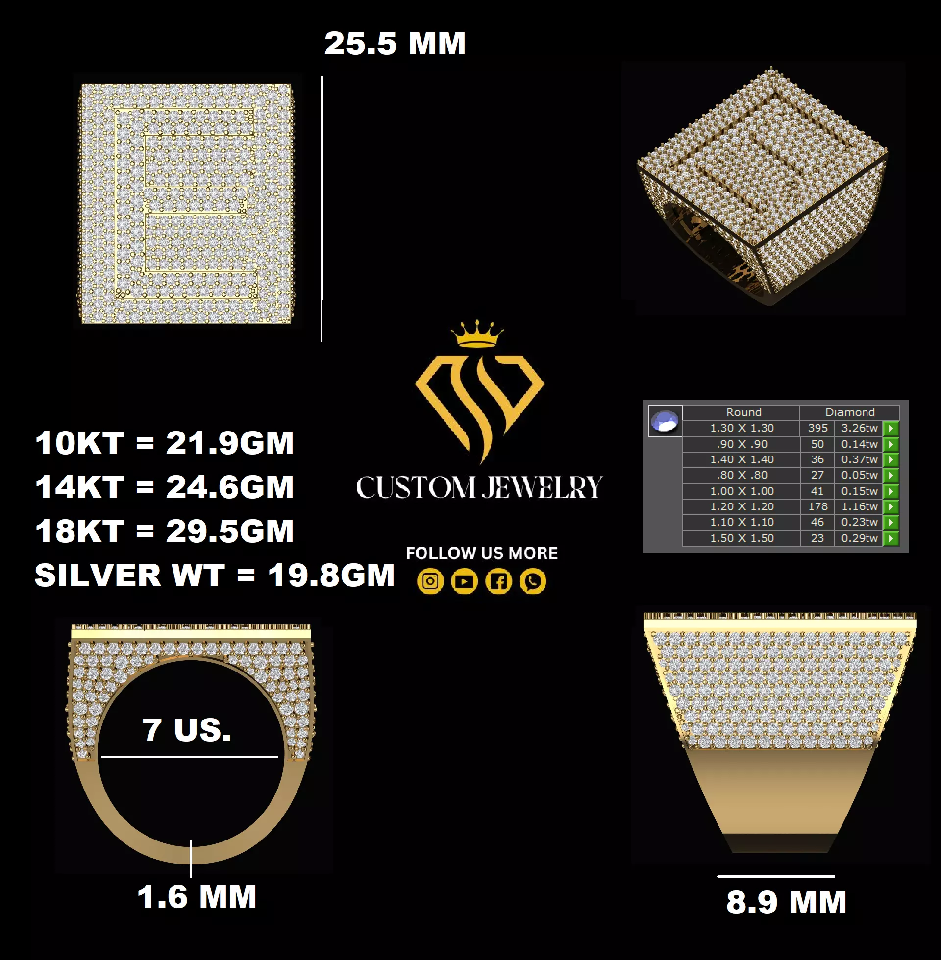 Custom Initial A to Z Letter Diamond Ring - Alphabet Rings 3D print model_2