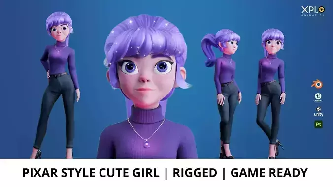 Pixar Style 3D Cute Female Character RIGGED GAMEREADY Low-poly 3D model Pixar Style 3D Cute Female Character RIGGED GAMEREADY Low-poly 3D model