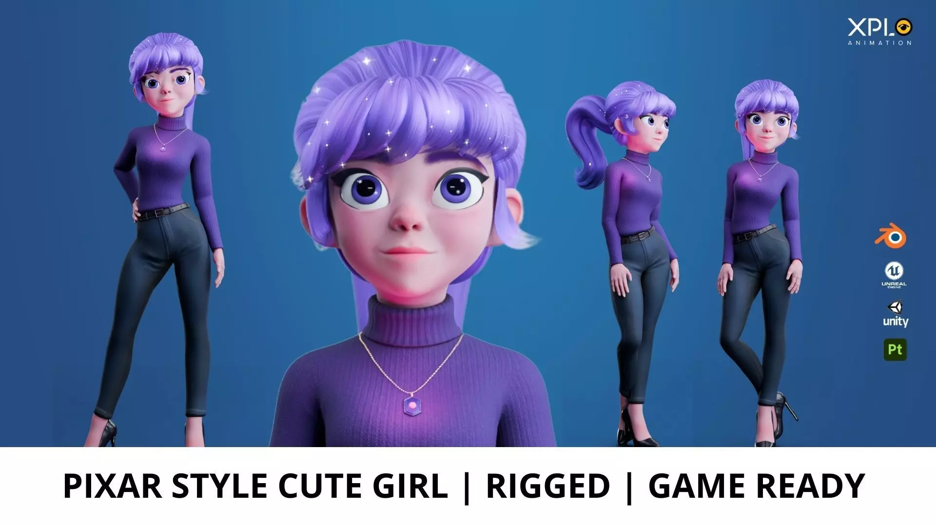 Pixar Style 3D Cute Female Character RIGGED GAMEREADY Low-poly 3D model_0
