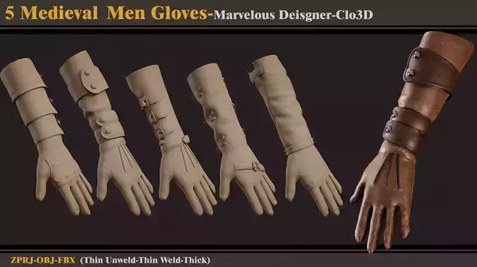 5 Medieval Men Gloves-MD-Clo3D-ZPRJ-FBX - OBJ