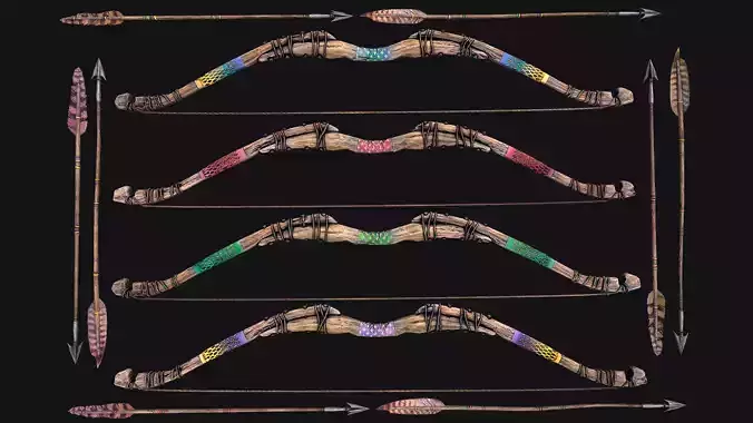 Medieval Wooden Bow Weapon Set Low-poly 3D model