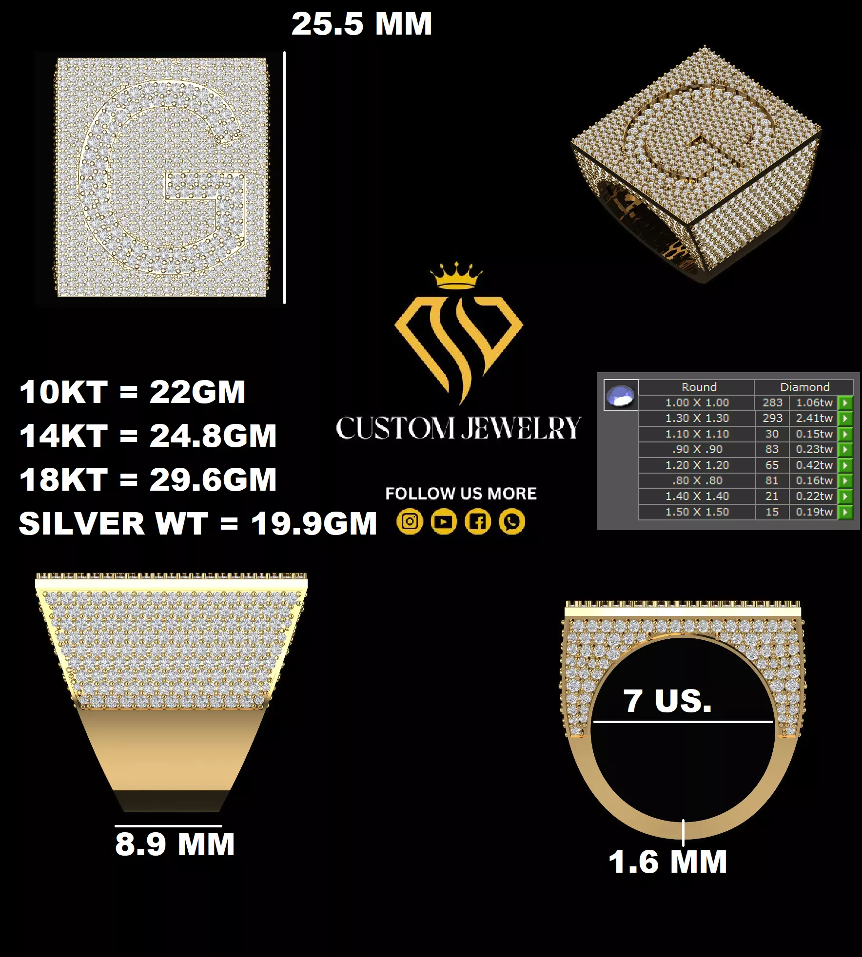 Custom Initial A to Z Letter Diamond Ring - Alphabet Rings 3D print model_10