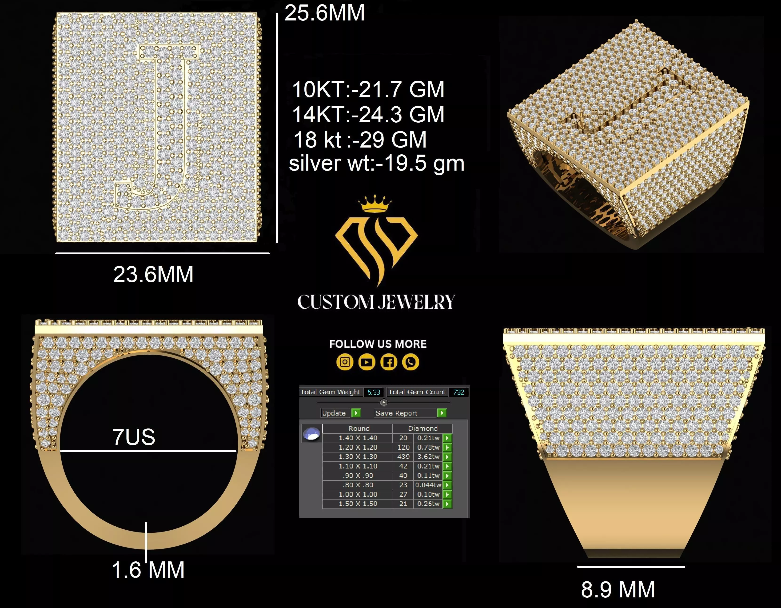 Custom Initial A to Z Letter Diamond Ring - Alphabet Rings 3D print model_1