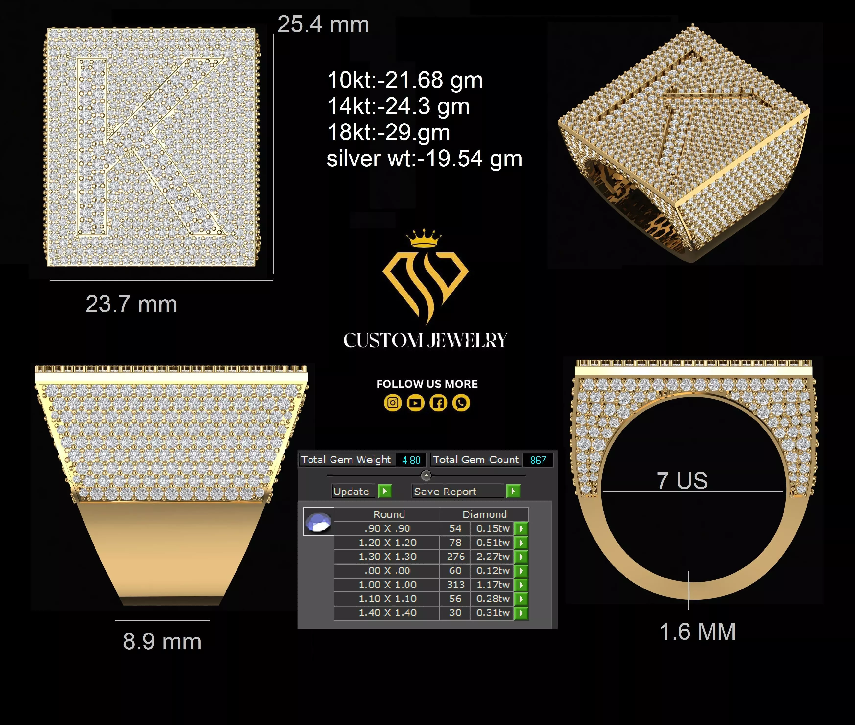 Custom Initial A to Z Letter Diamond Ring - Alphabet Rings 3D print model_3