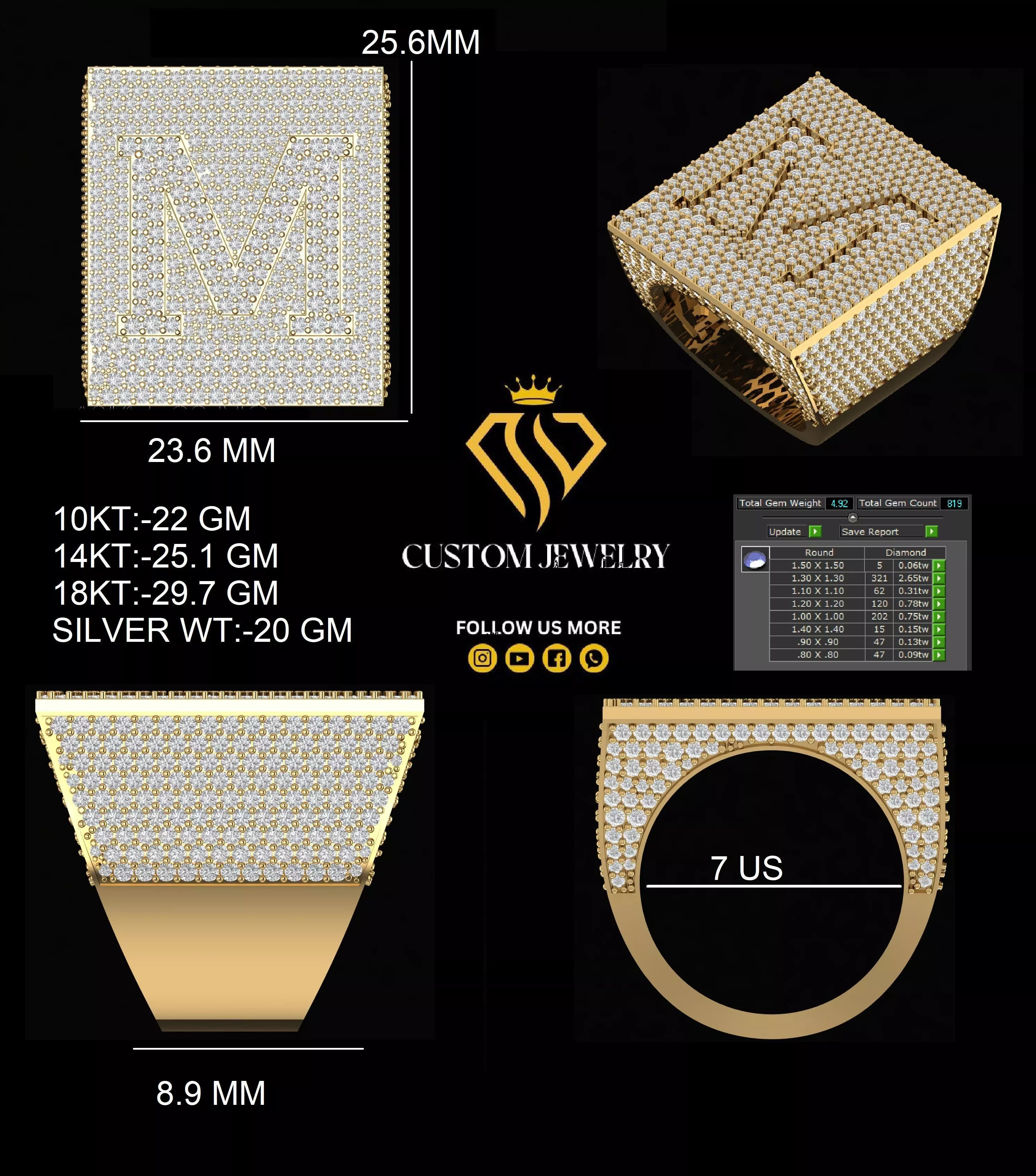 Custom Initial A to Z Letter Diamond Ring - Alphabet Rings 3D print model_1