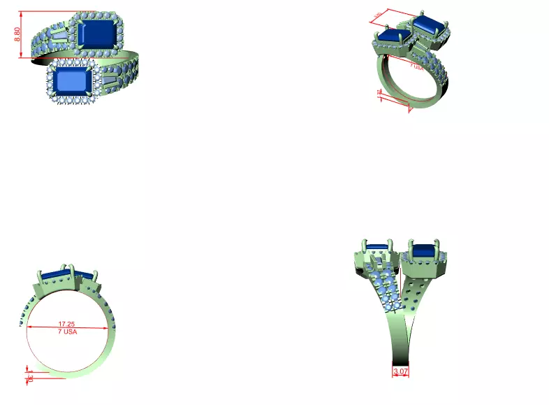 Bypass Shank Emerald Cut Diamond Engagement Ring 3DM STL Video 3D print model_12