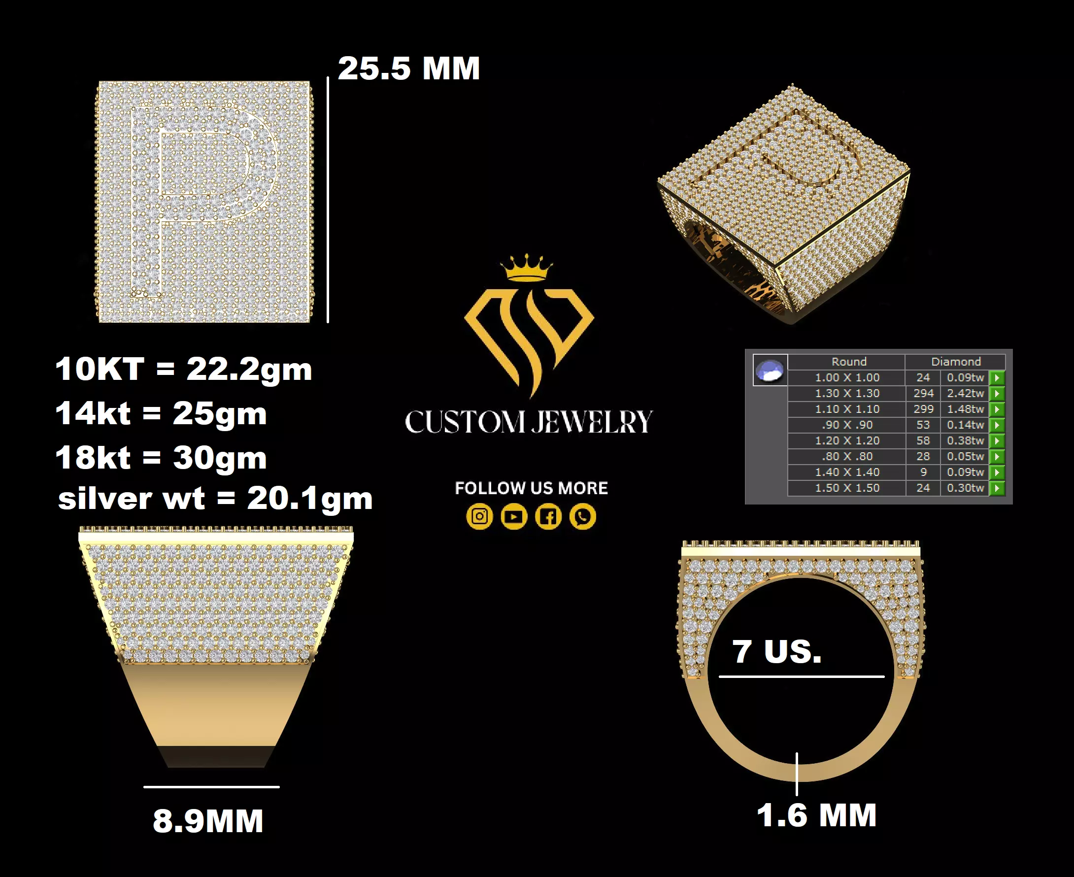 Custom Initial A to Z Letter Diamond Ring - Alphabet Rings 3D print model_10