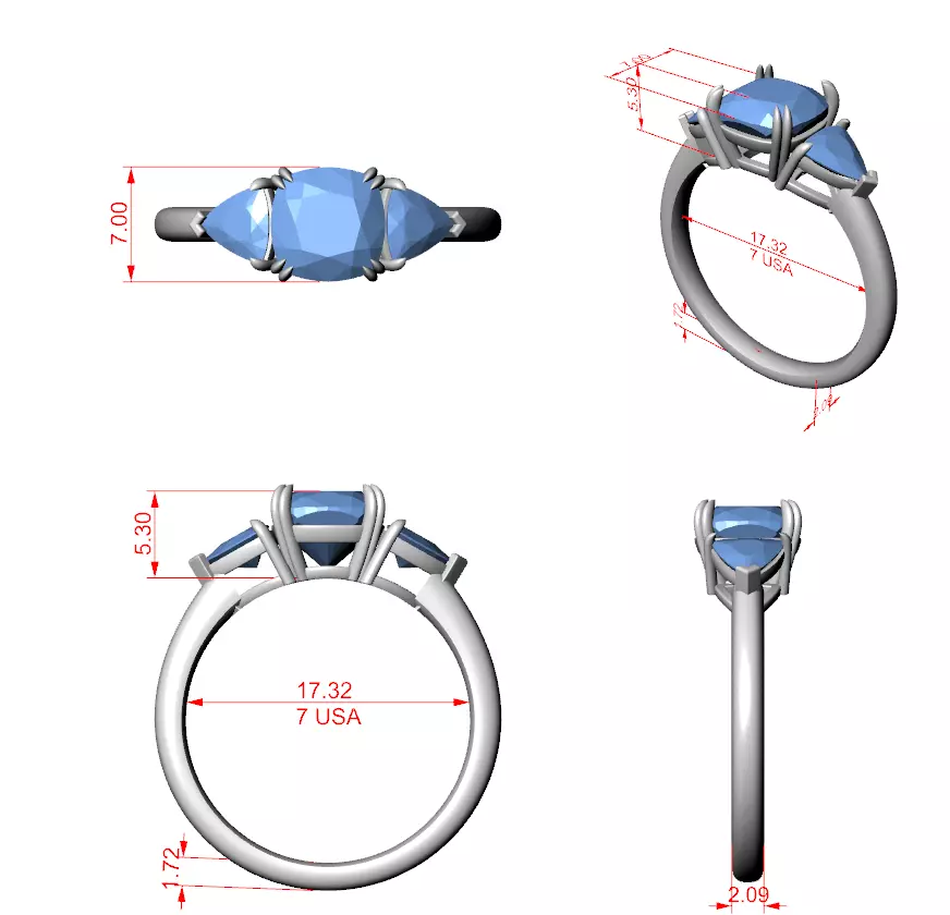 Three Stone Cushion Pear Diamond Wedding Ring 3DM STL Video 3D print model_12