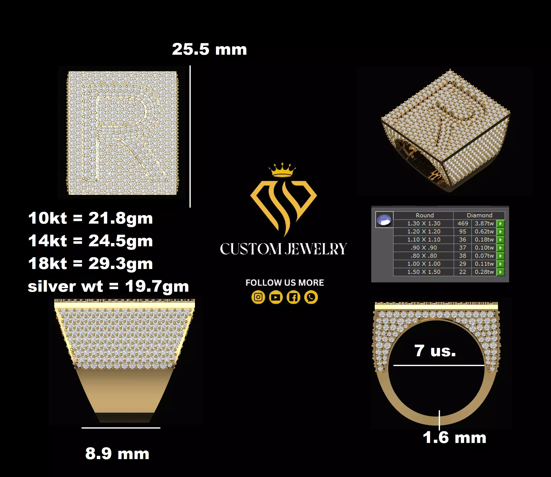 Custom Initial A to Z Letter Diamond Ring - Alphabet Rings 3D print model_10