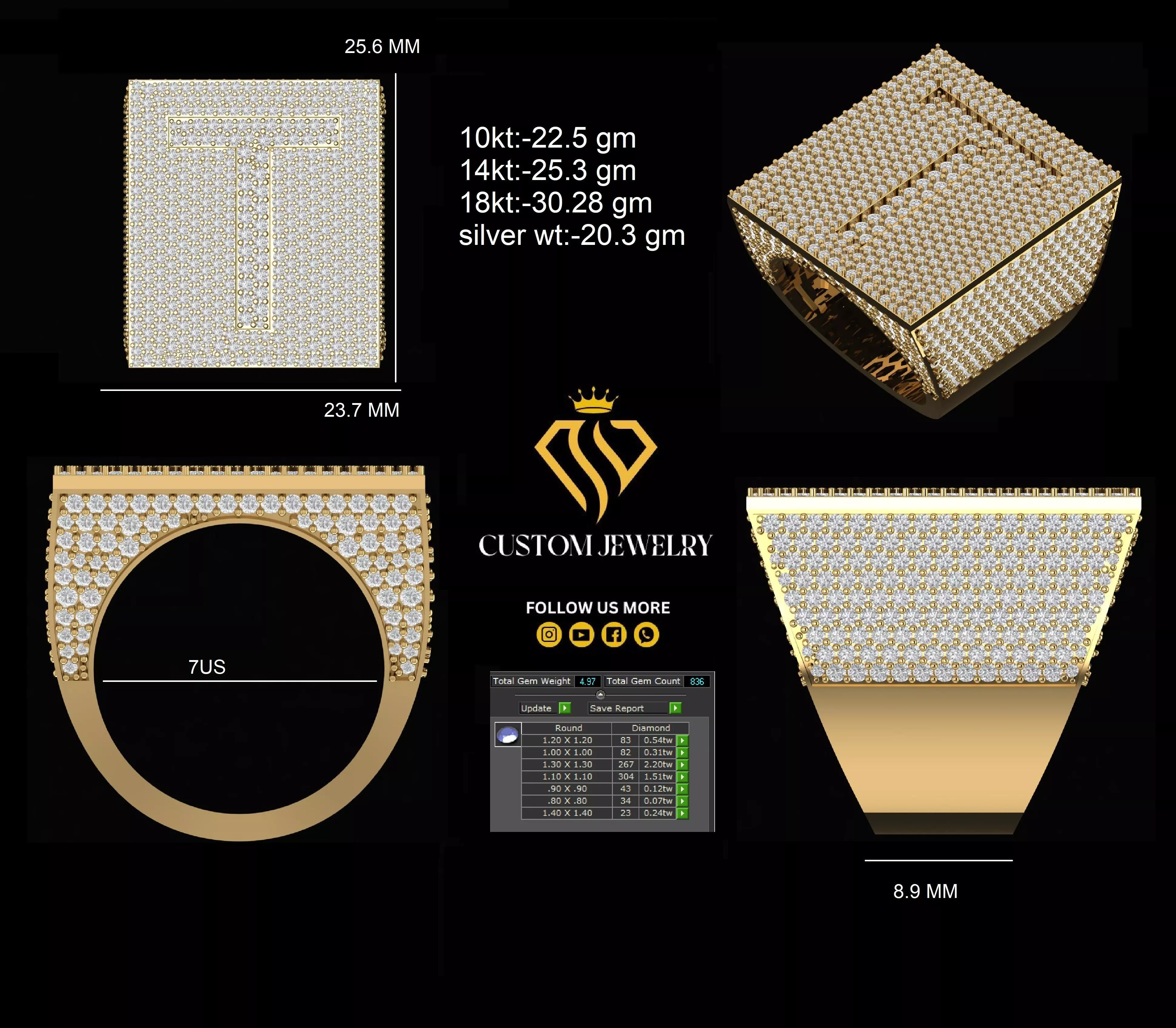 Custom Initial A to Z Letter Diamond Ring - Alphabet Rings 3D print model_3