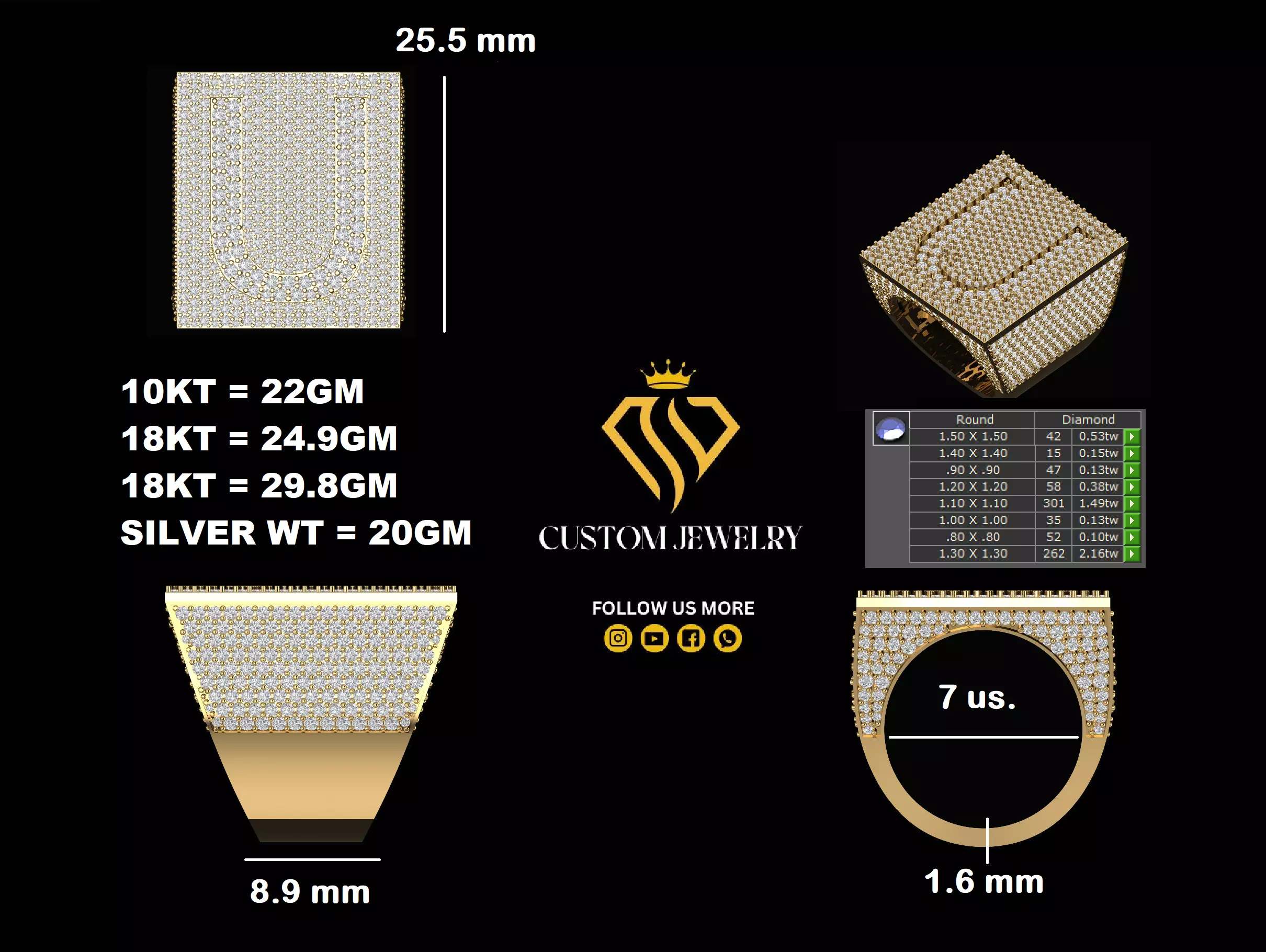 Custom Initial A to Z Letter Diamond Ring - Alphabet Rings 3D print model_3