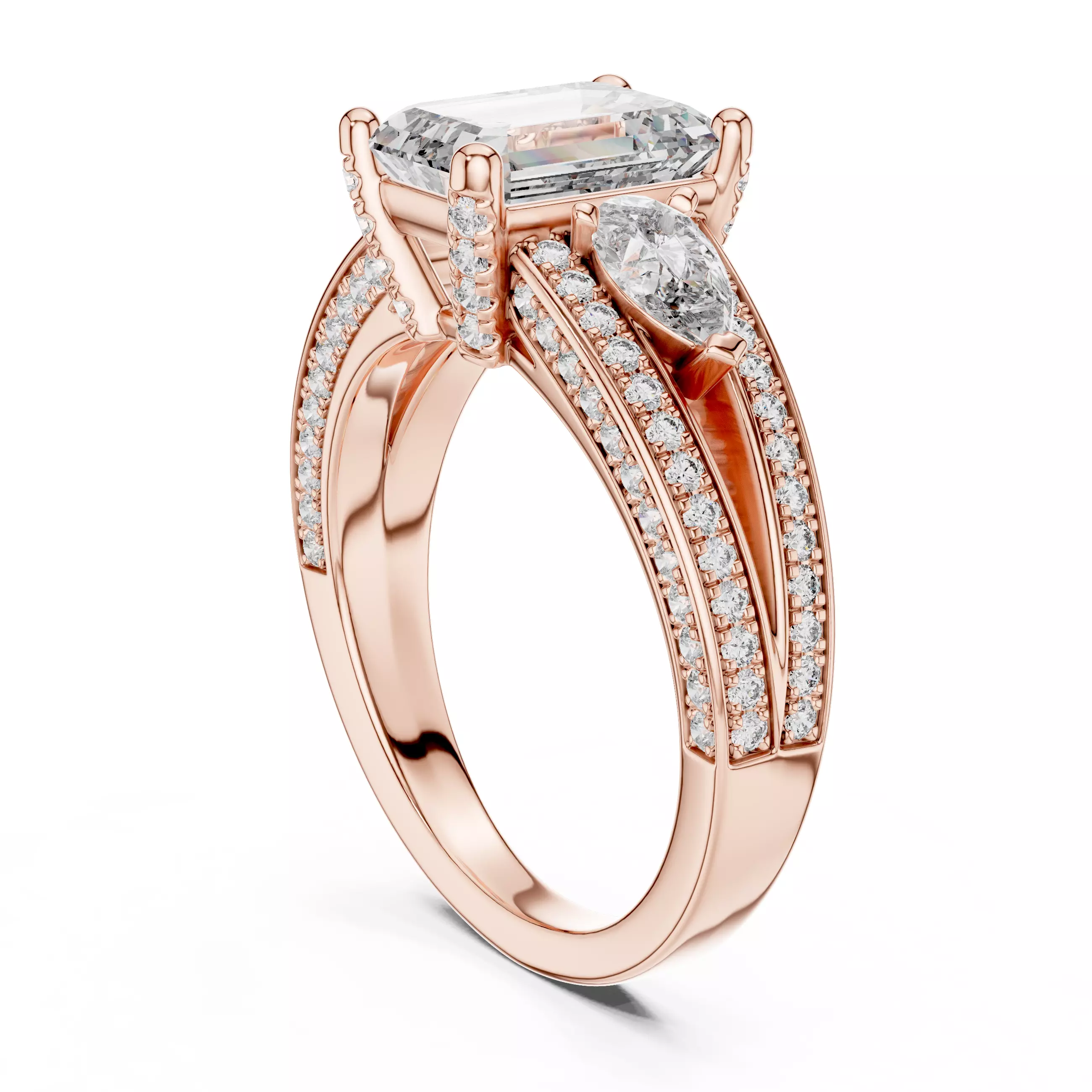 Emerald And Pear Cut Split Shank Engagement Ring 3DM STL Video 3D print model_3