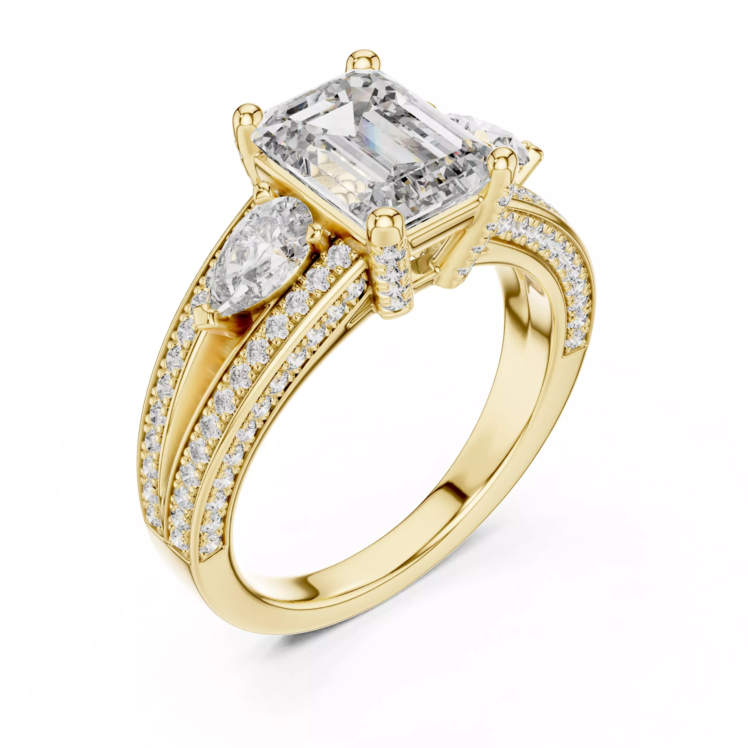 Emerald And Pear Cut Split Shank Engagement Ring 3DM STL Video 3D print model_7