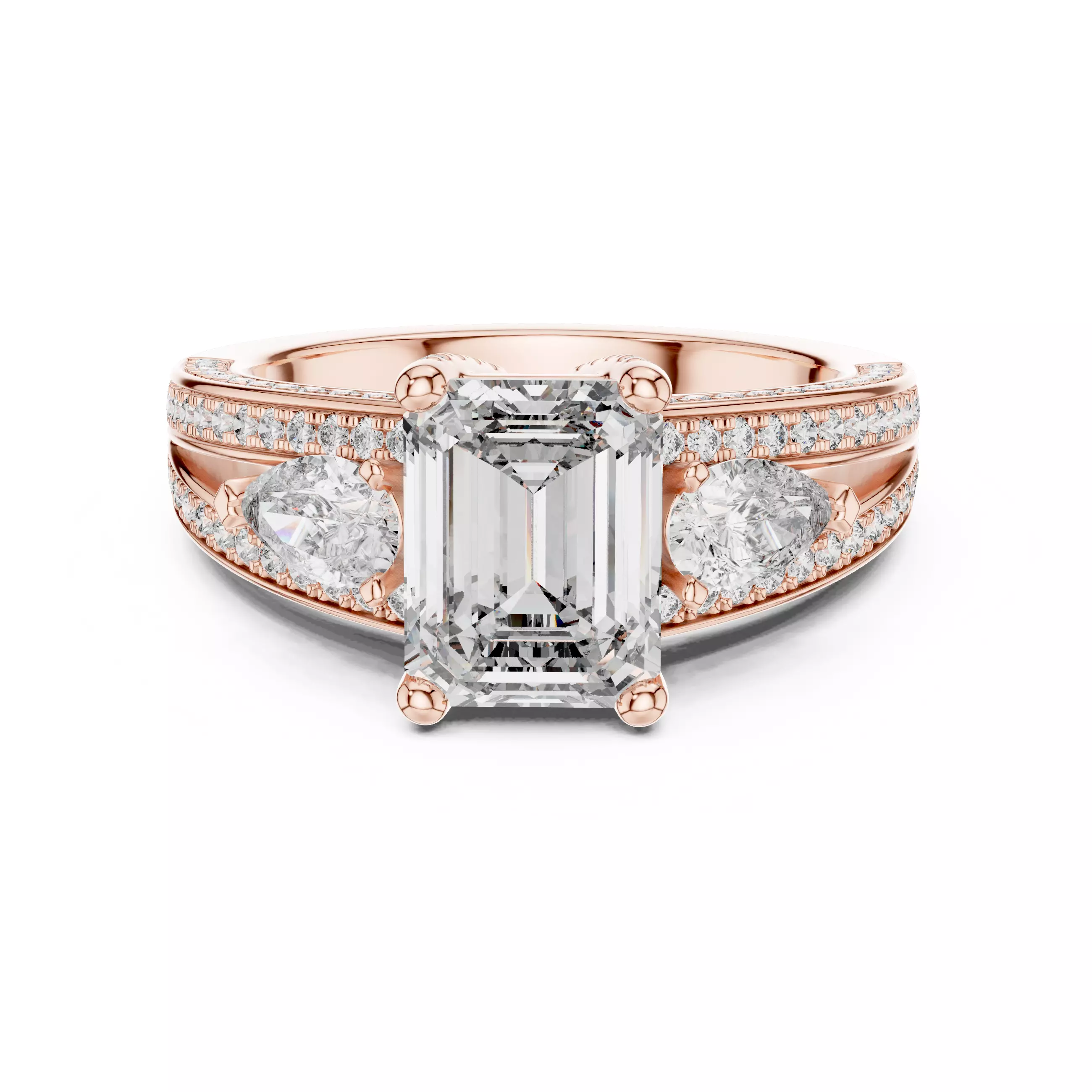 Emerald And Pear Cut Split Shank Engagement Ring 3DM STL Video 3D print model_0