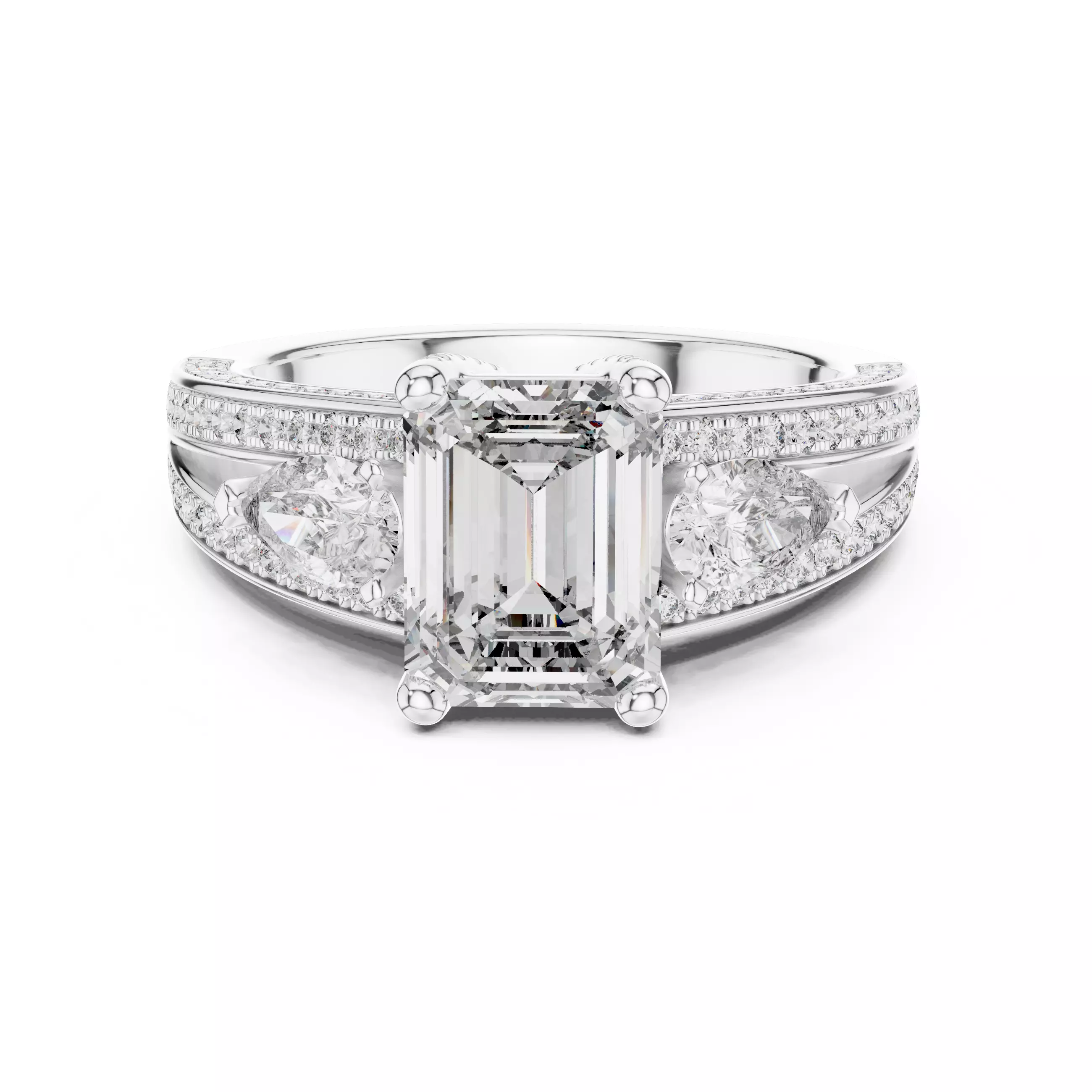 Emerald And Pear Cut Split Shank Engagement Ring 3DM STL Video 3D print model_2