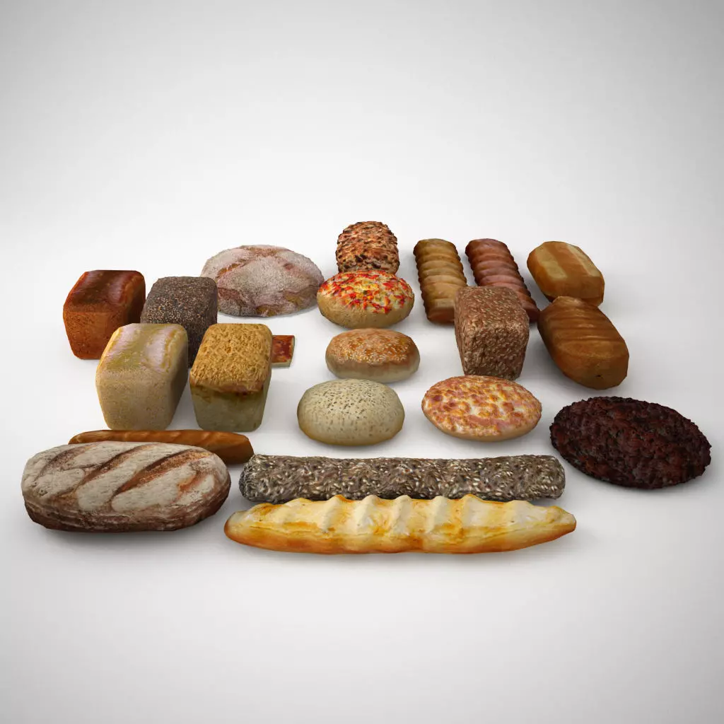Breads rolls and bakery elements Low-poly 3D model_0