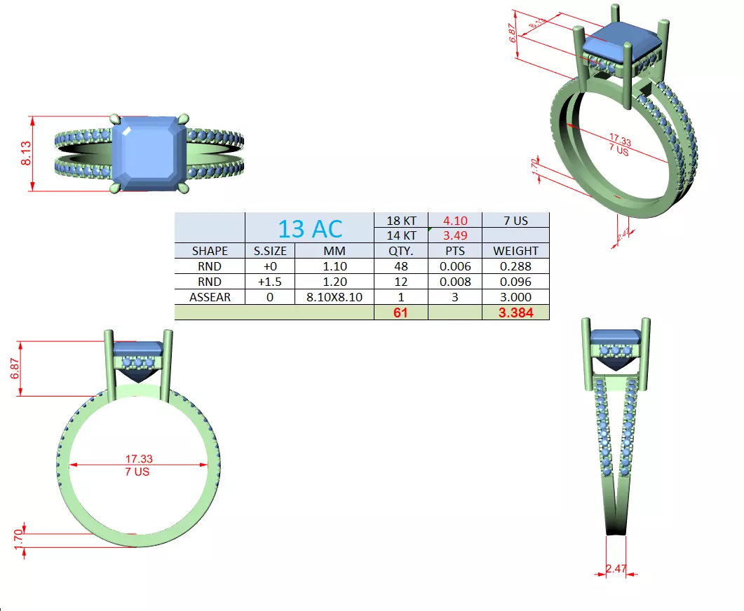 3CT Asscher Cut Split Shank Engagement Ring 3DM STL Video 3D print model_16