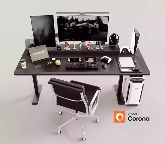 Modern Gaming Desk Setup 3D Model - Corona
