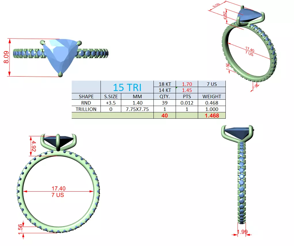 1CT Trillion Cut Diamond Engagement Wedding Ring 3DM STL Video 3D print model_15