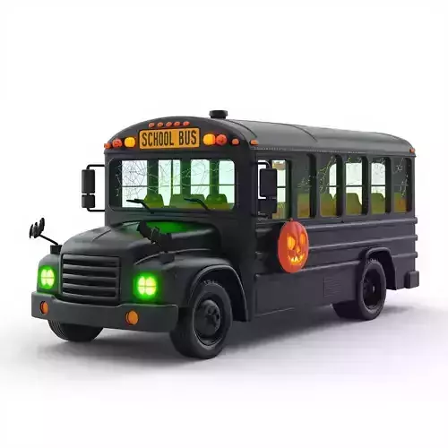 Eerie Black School Bus with Glowing Green Headlights 3D Model
