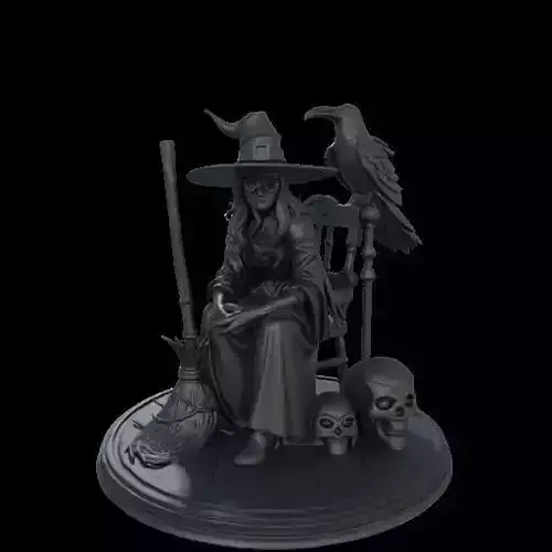 2221  Ivory Witch on Chair with a Broom  Raven and Skull