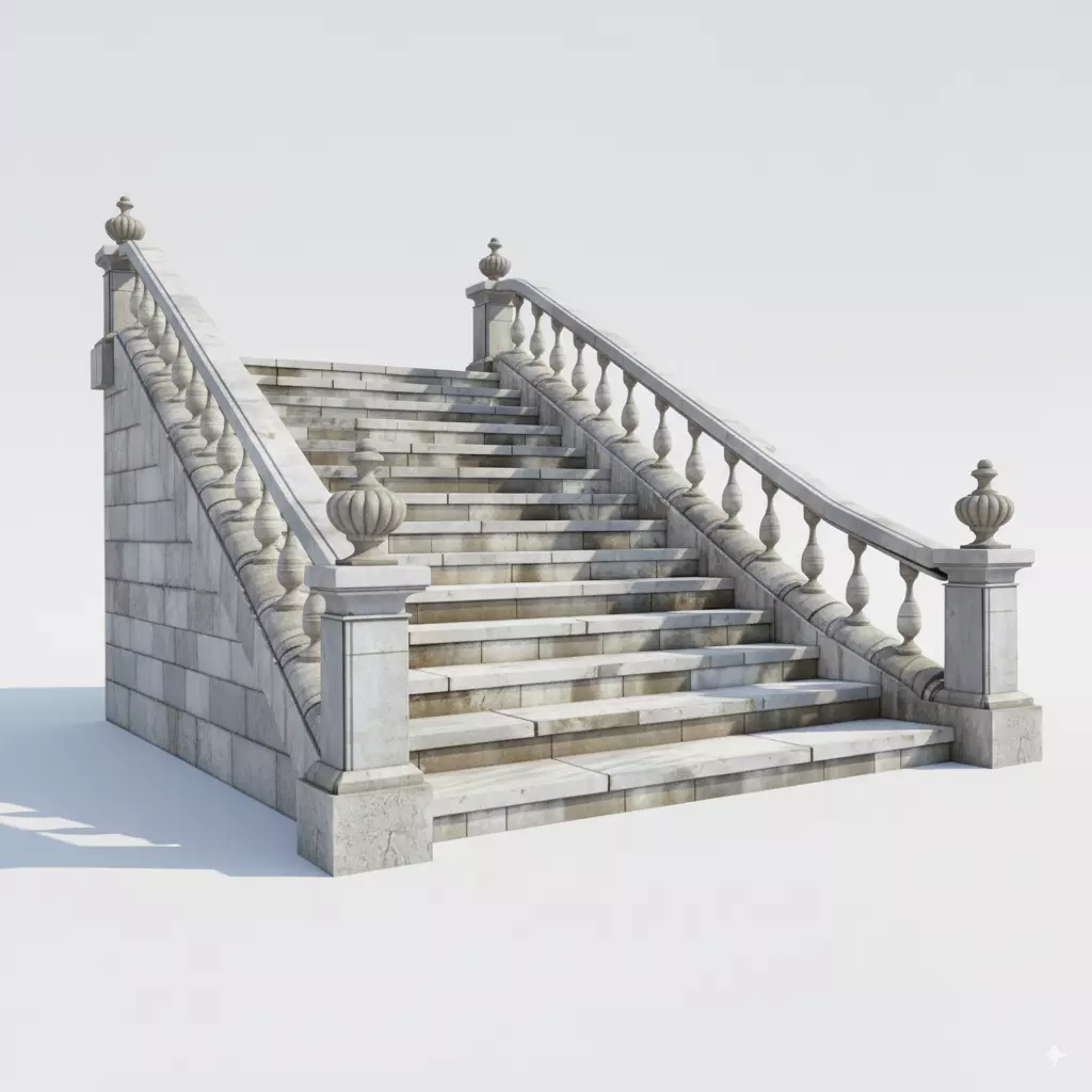 Classic Stone Staircase Balustrade Ornate Garden Steps 3D Model Low-poly 3D model_0