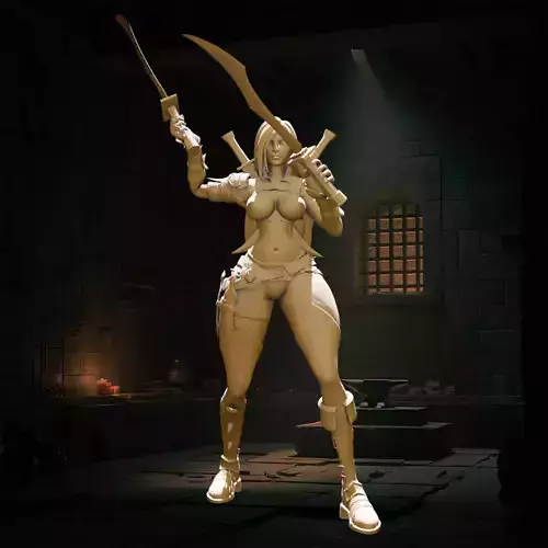 Dual-Blade Warrior Woman in Battle Stance