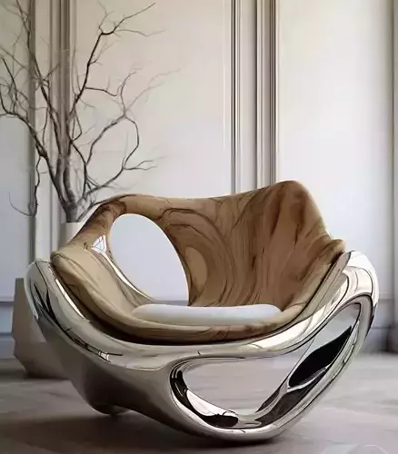 Futuristic Armchair Polished Metal Wood Sculptural Chair 3D