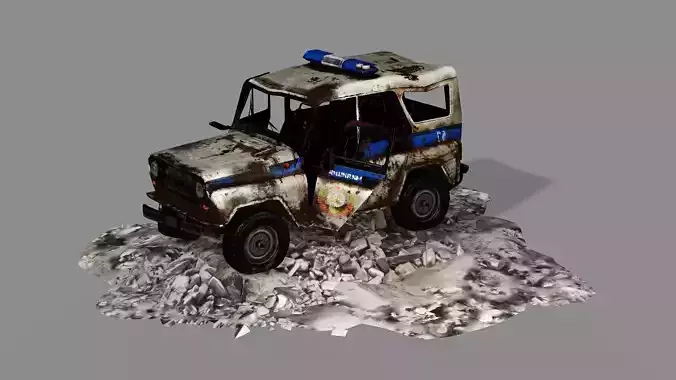 Burnt Destroyed Police Zeep Game Ready 07 Low Poly 3D Model