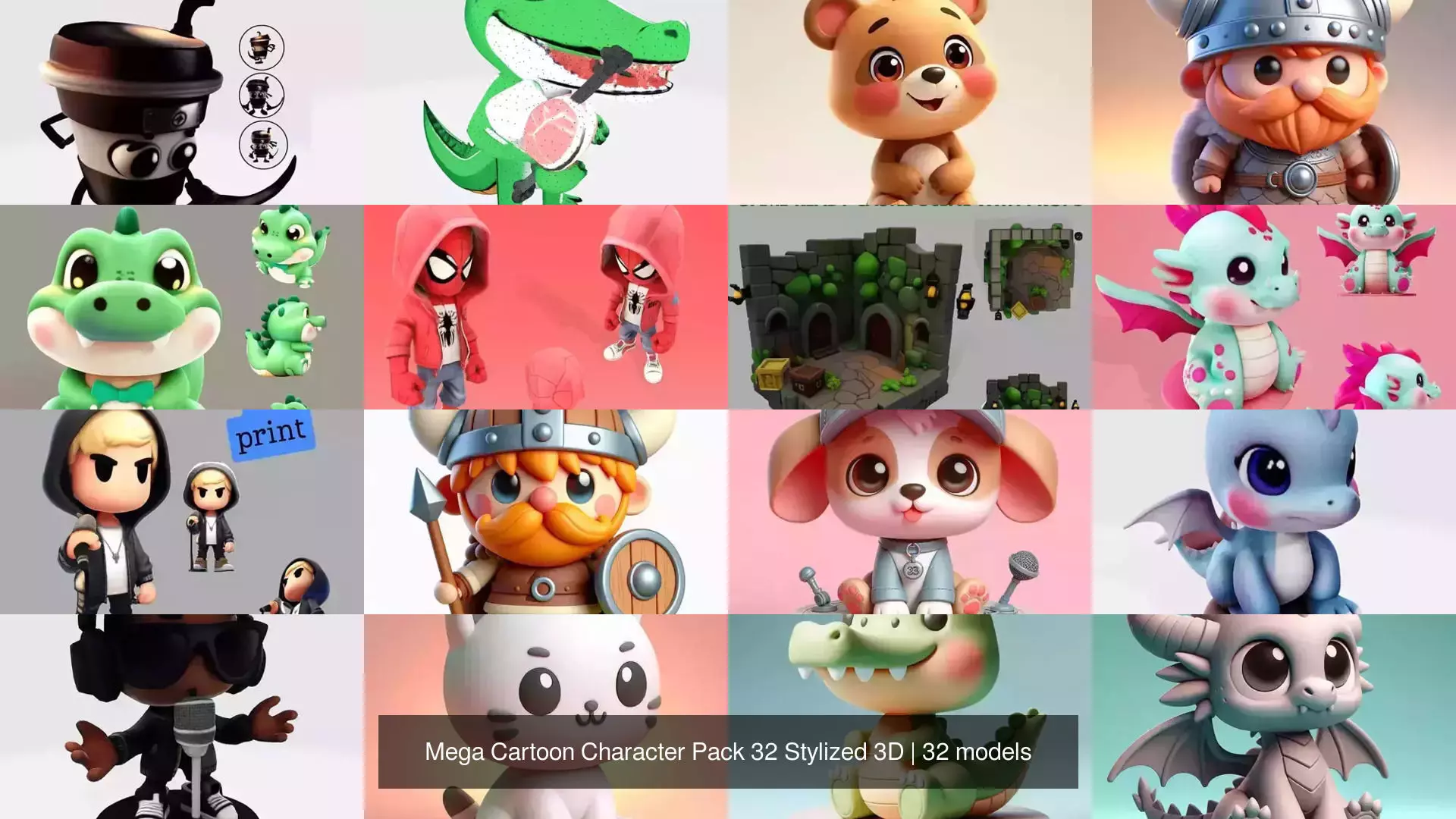 Mega Cartoon Character Pack 32 Stylized 3D 3D Model Collection_0