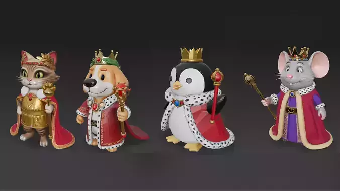 Cartoon Animal Emperor Characters Pack PBR 3D Models