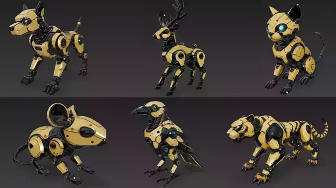 Yellow Robotic Animals Pack PBR 3D Models