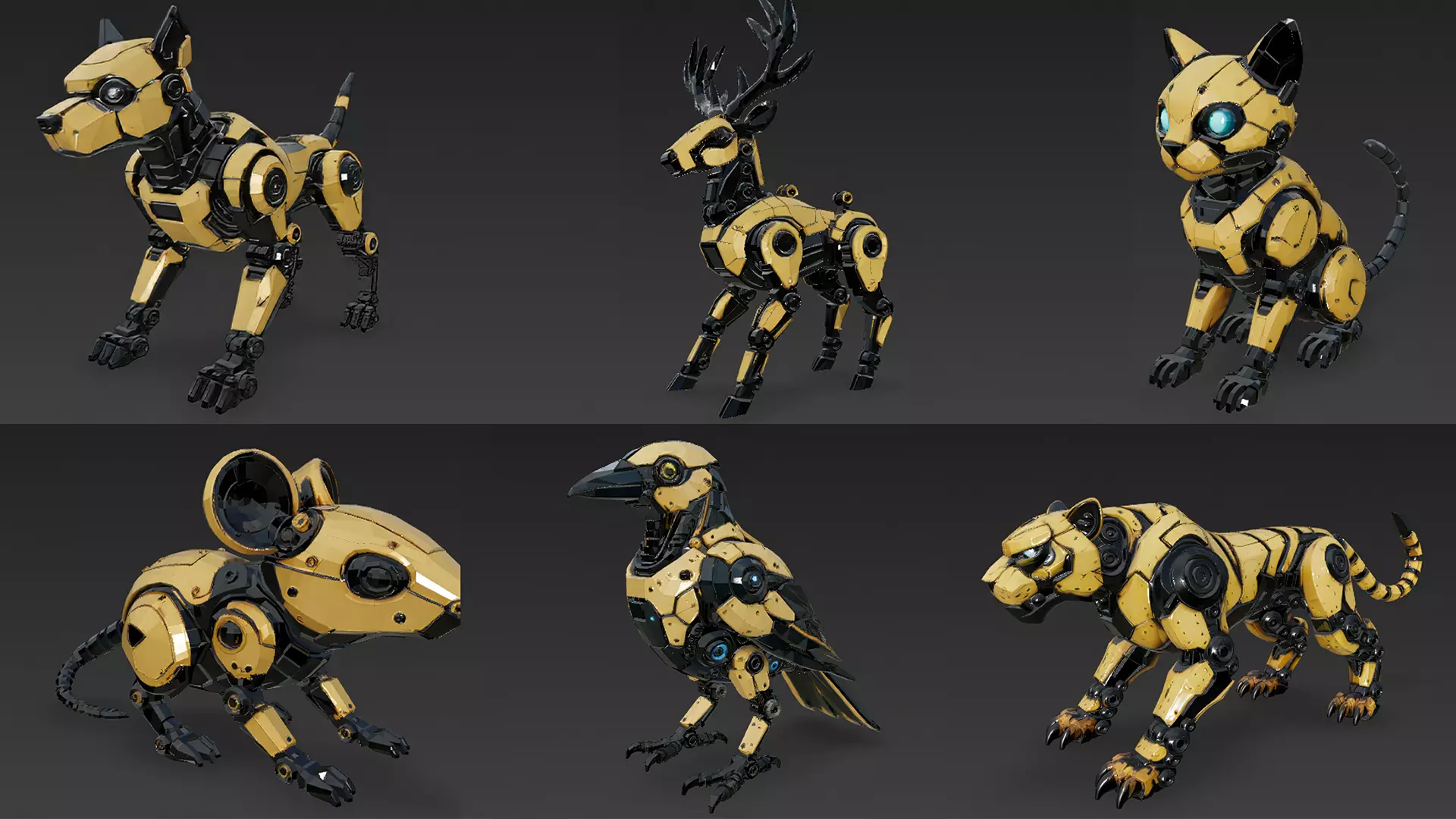 Yellow Robotic Animals Pack PBR 3D Models Low-poly 3D model_0