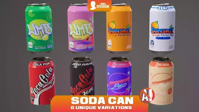 Soda Can Pack - 8 Brand Variations - PBR Game Ready - Non-AI