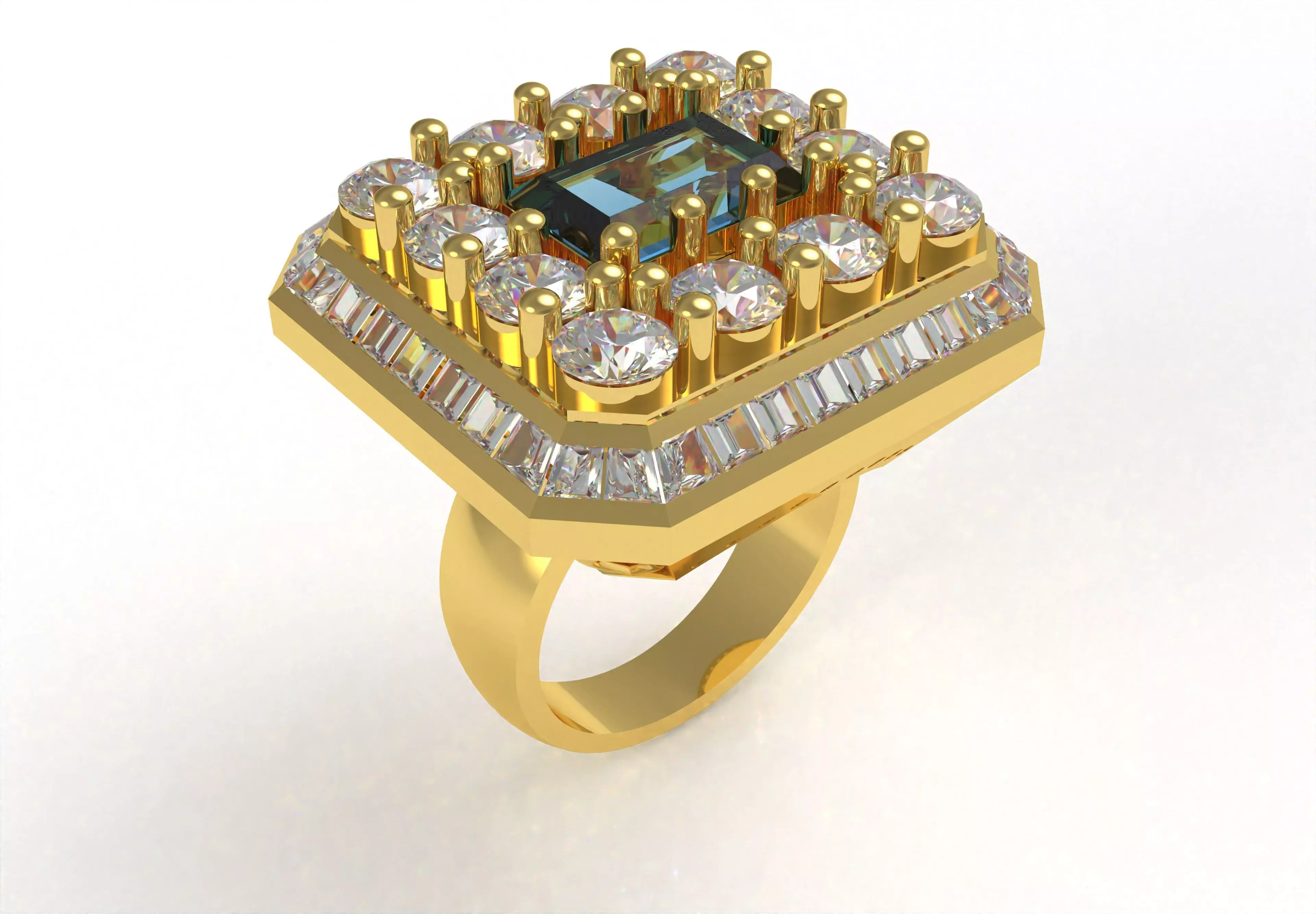 Baguette Stone Round Diamond Halo Ring 3D print model