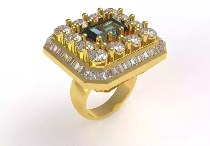 Baguette Stone Round Diamond Halo Ring