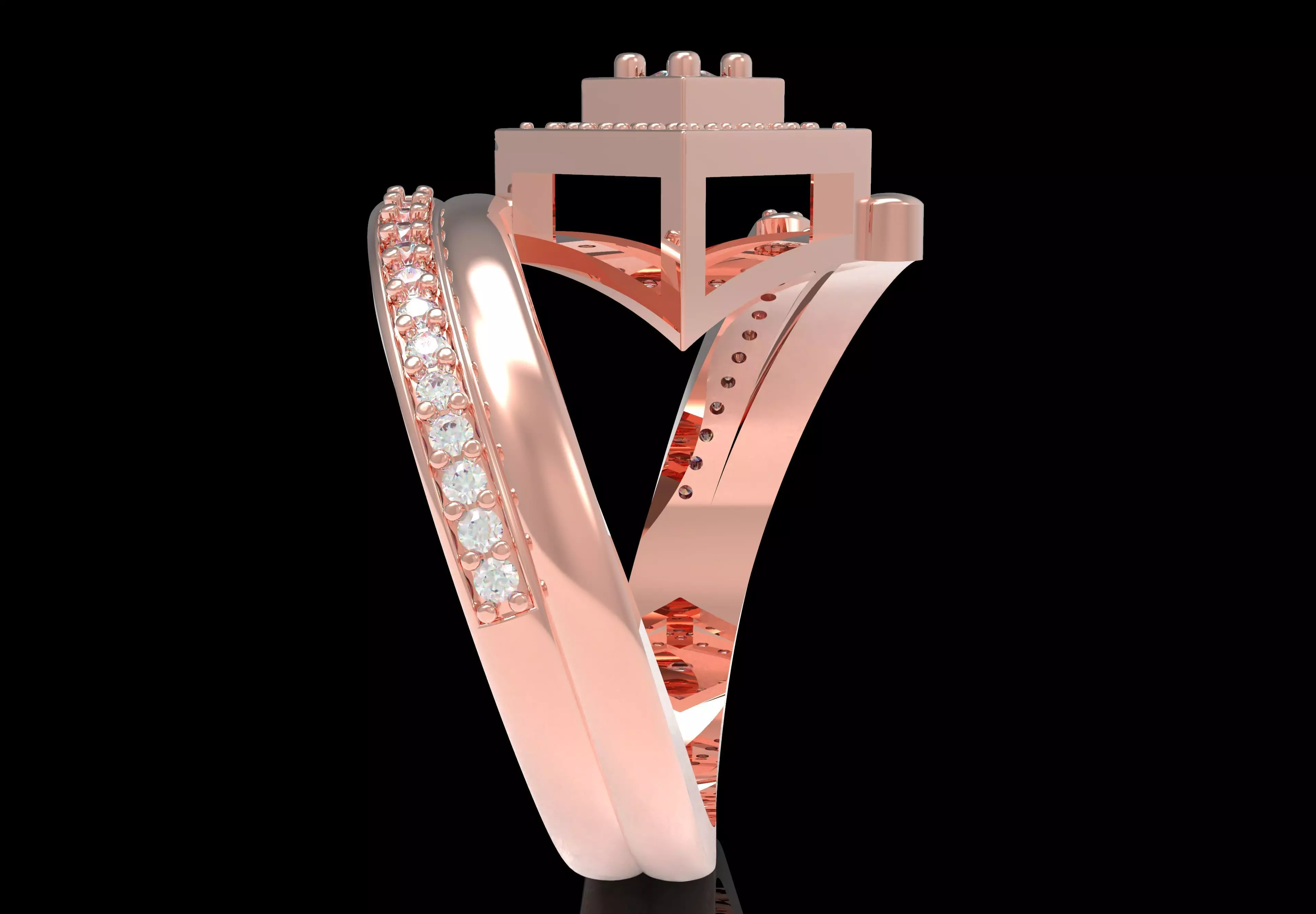 Round Diamond Square Shape Halo Double Bypass Ring 3D print model_10