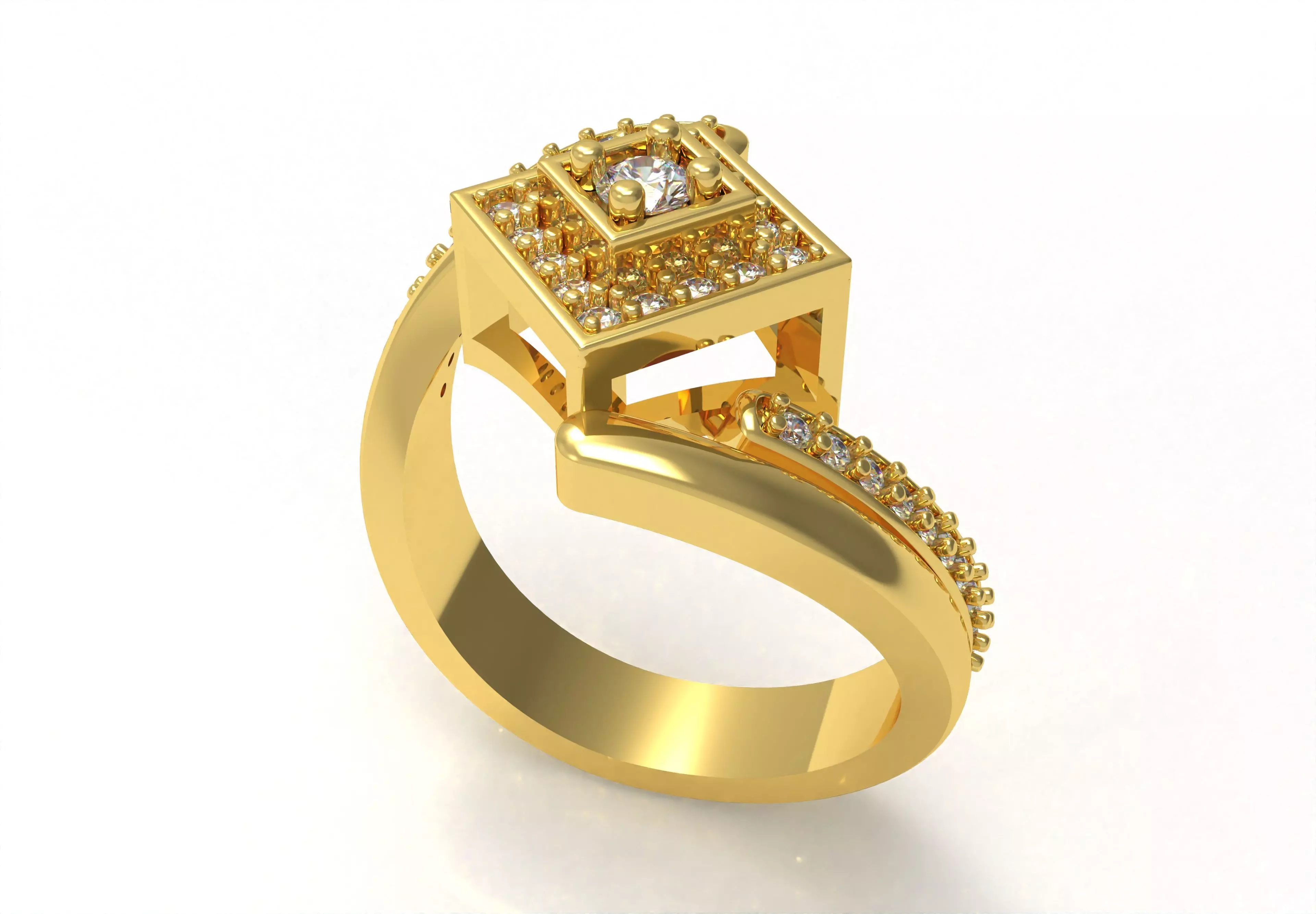 Round Diamond Square Shape Halo Double Bypass Ring 3D print model_1