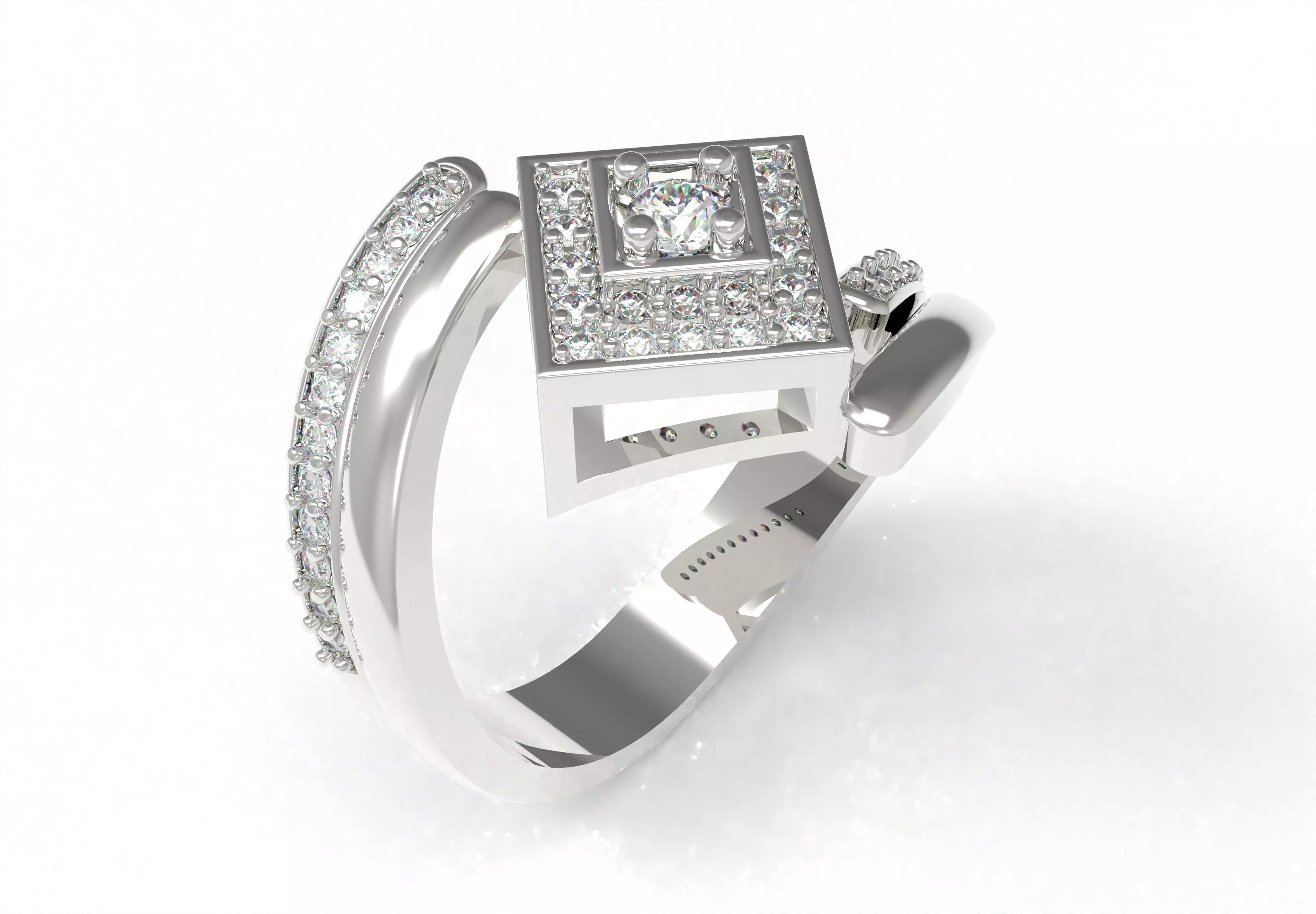 Round Diamond Square Shape Halo Double Bypass Ring 3D print model_19