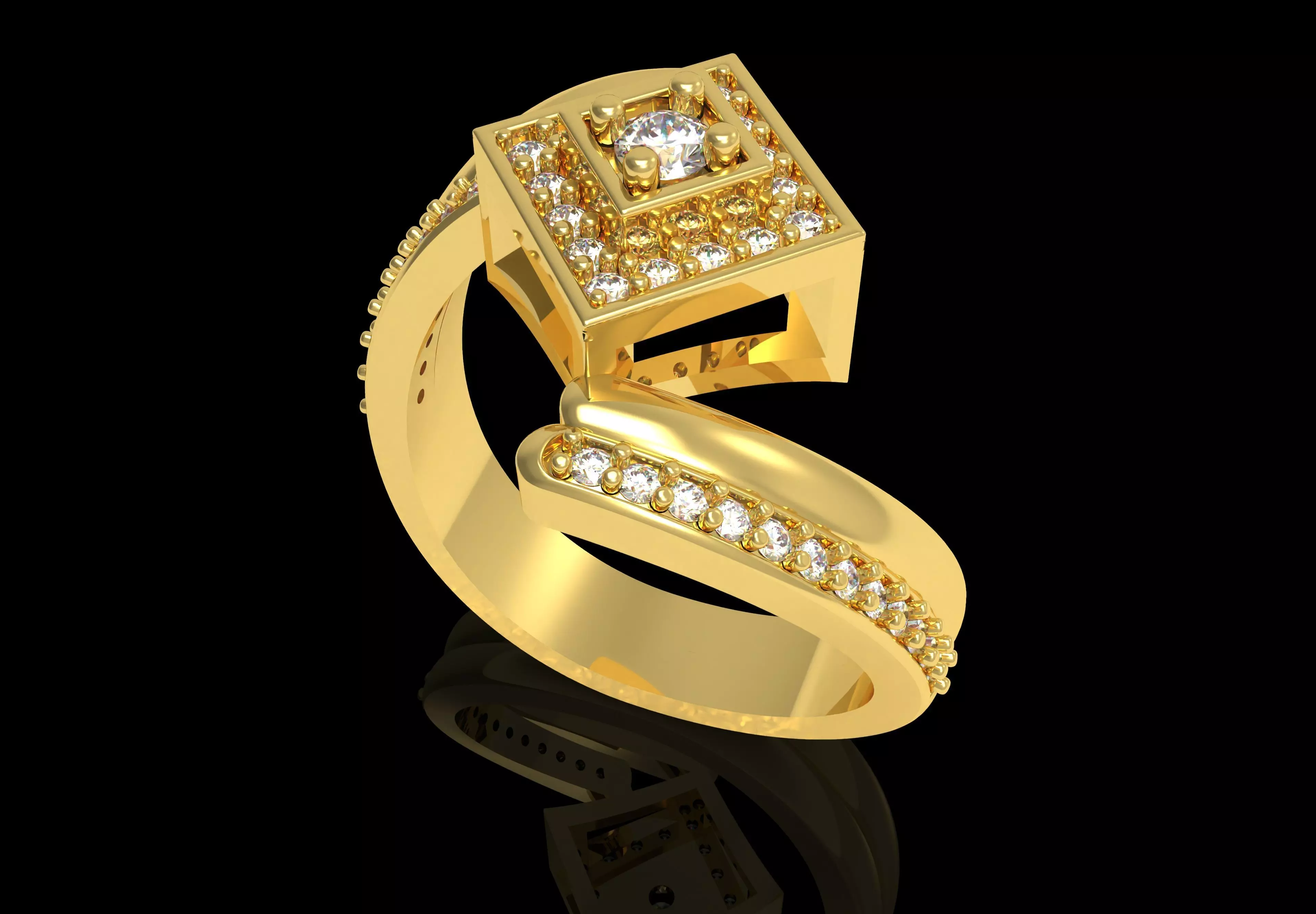 Round Diamond Square Shape Halo Double Bypass Ring 3D print model_5