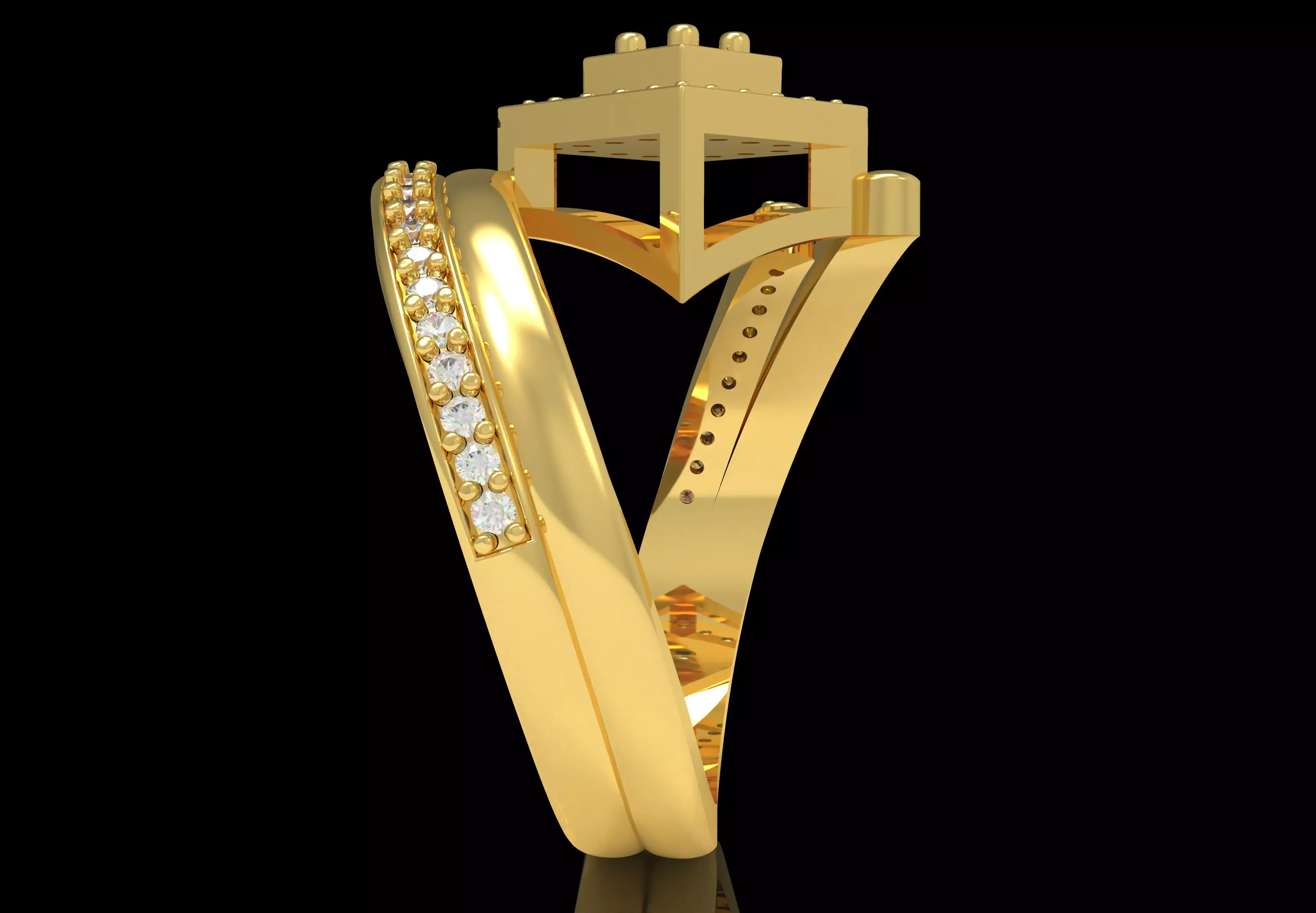 Round Diamond Square Shape Halo Double Bypass Ring 3D print model_29