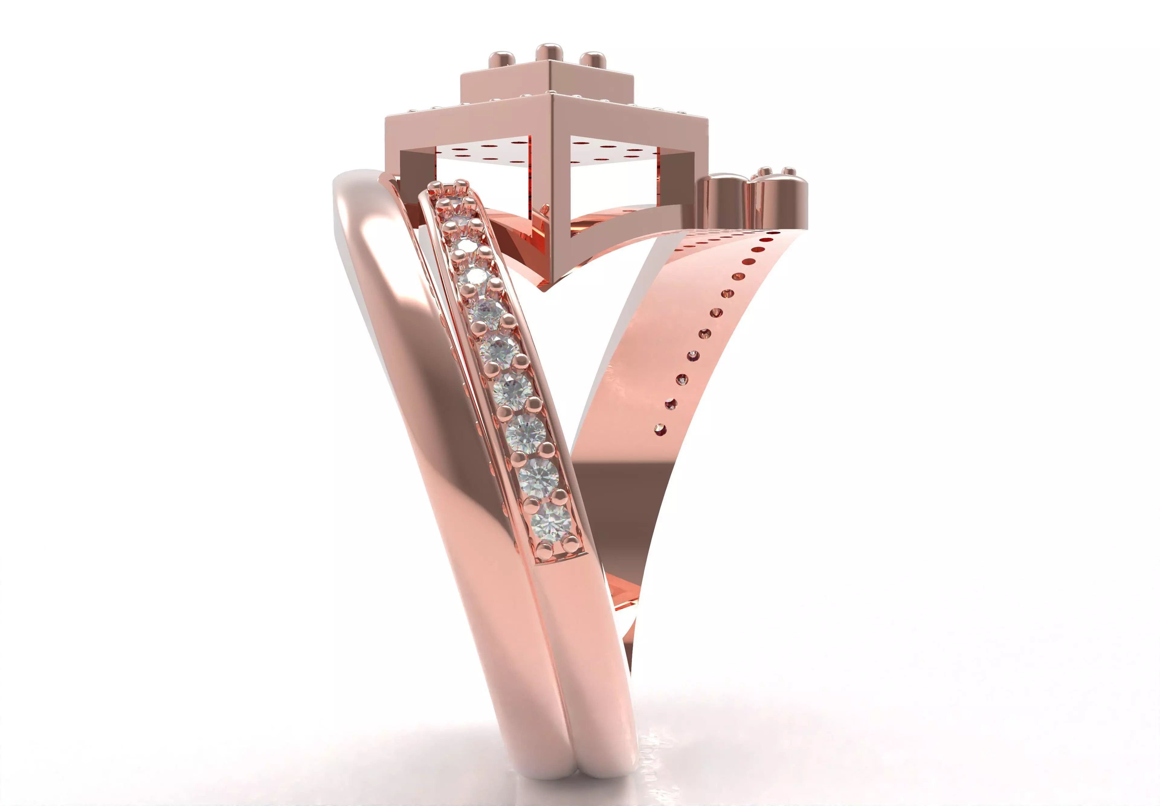 Round Diamond Square Shape Halo Double Bypass Ring 3D print model_16