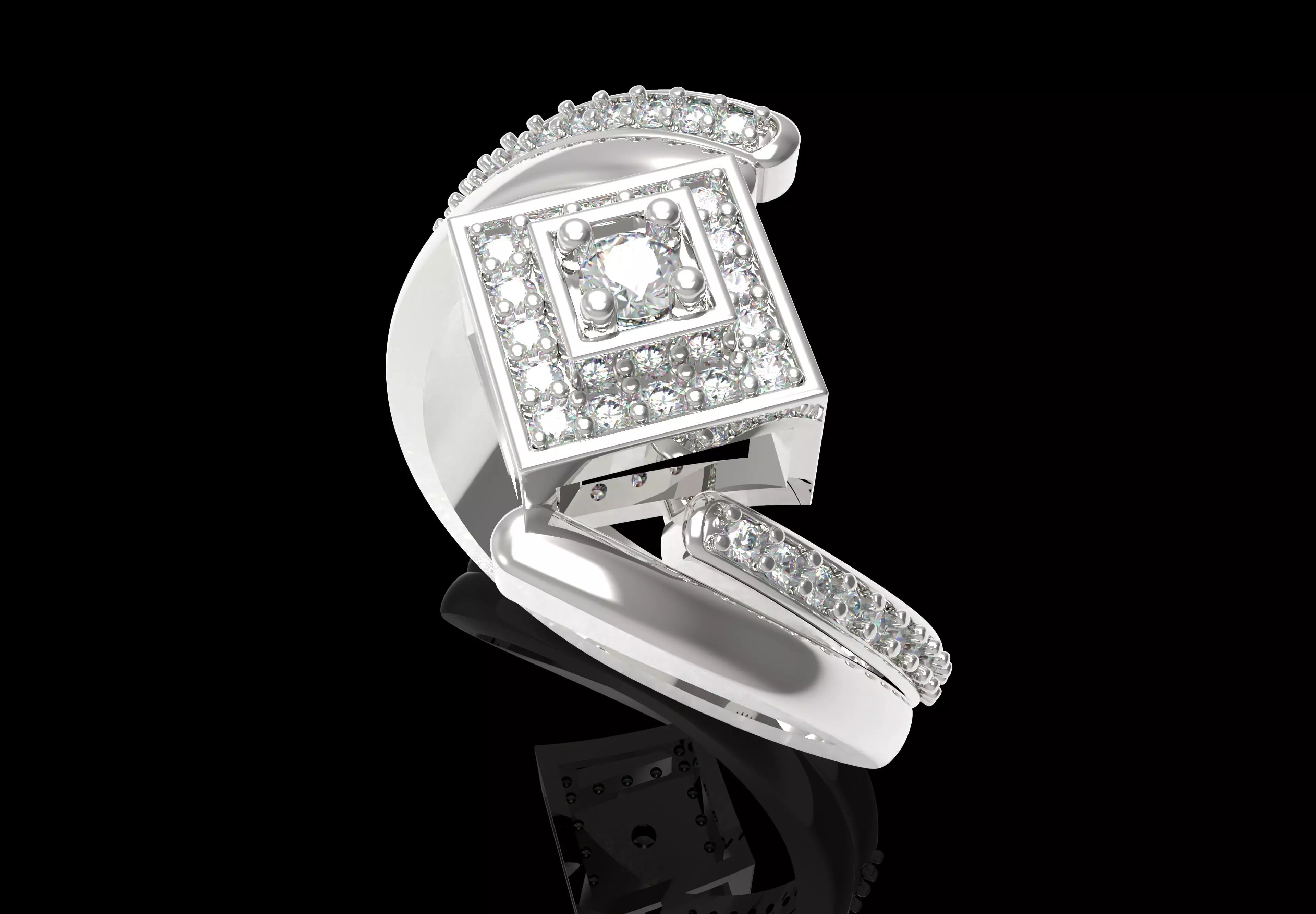 Round Diamond Square Shape Halo Double Bypass Ring 3D print model_26