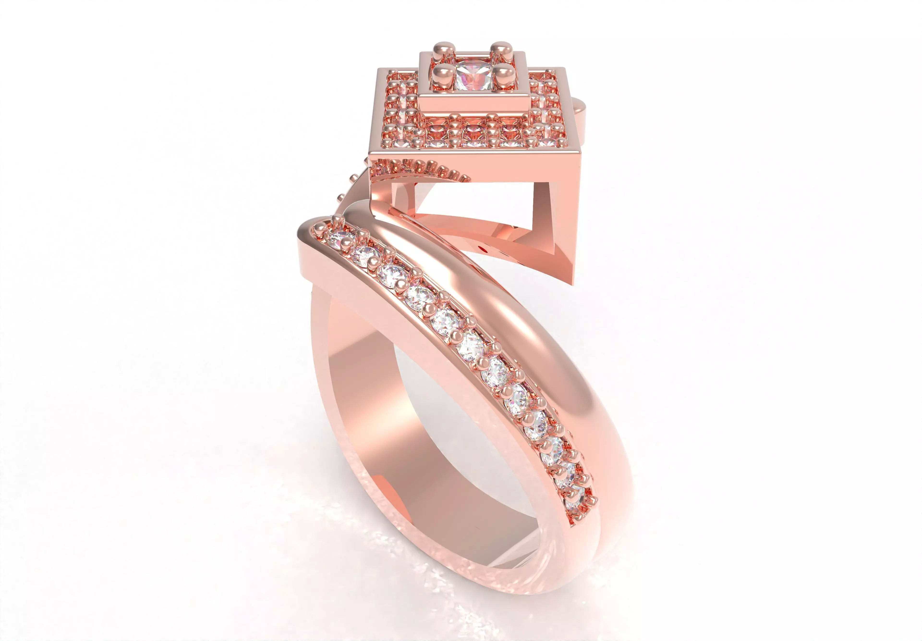 Round Diamond Square Shape Halo Double Bypass Ring 3D print model_14