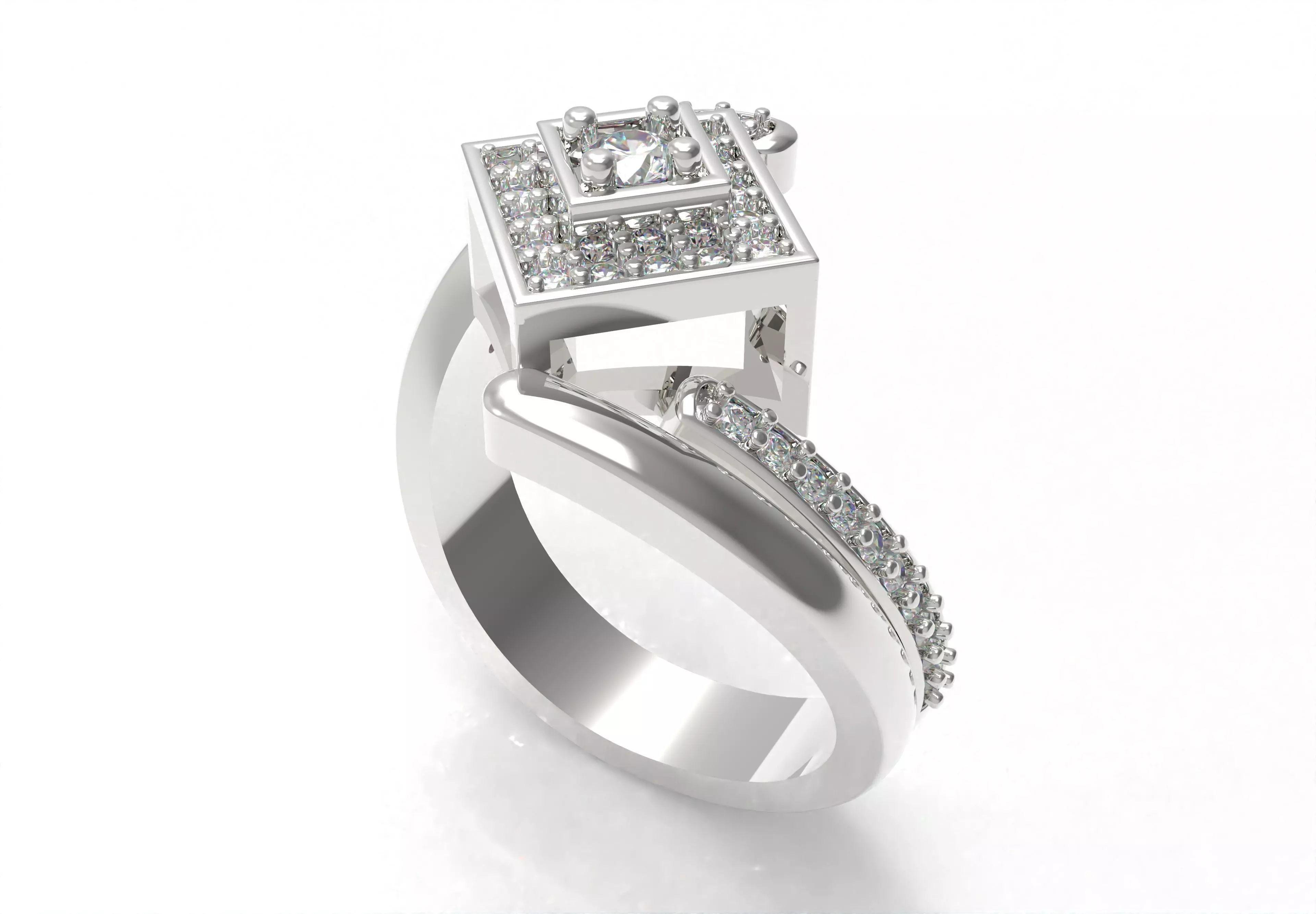 Round Diamond Square Shape Halo Double Bypass Ring 3D print model_18