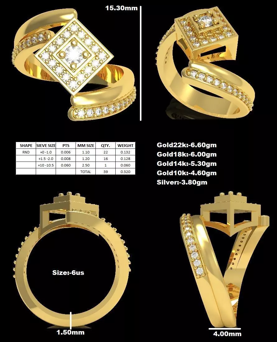 Round Diamond Square Shape Halo Double Bypass Ring 3D print model_32
